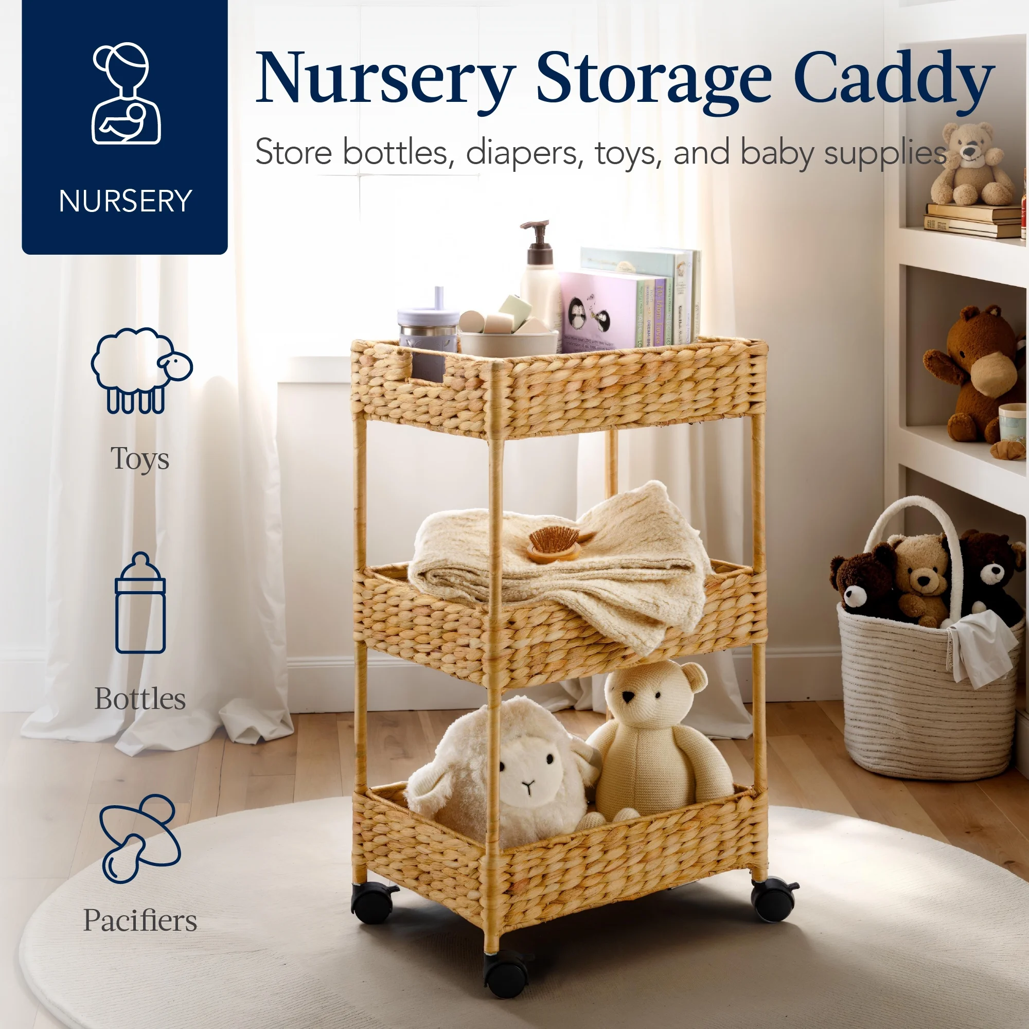 Best Choice Products 3-Tier Water Hyacinth Rolling Nursery Caddy w/ Wheels, Utility Cart, Storage Organization - Natural - Image 5