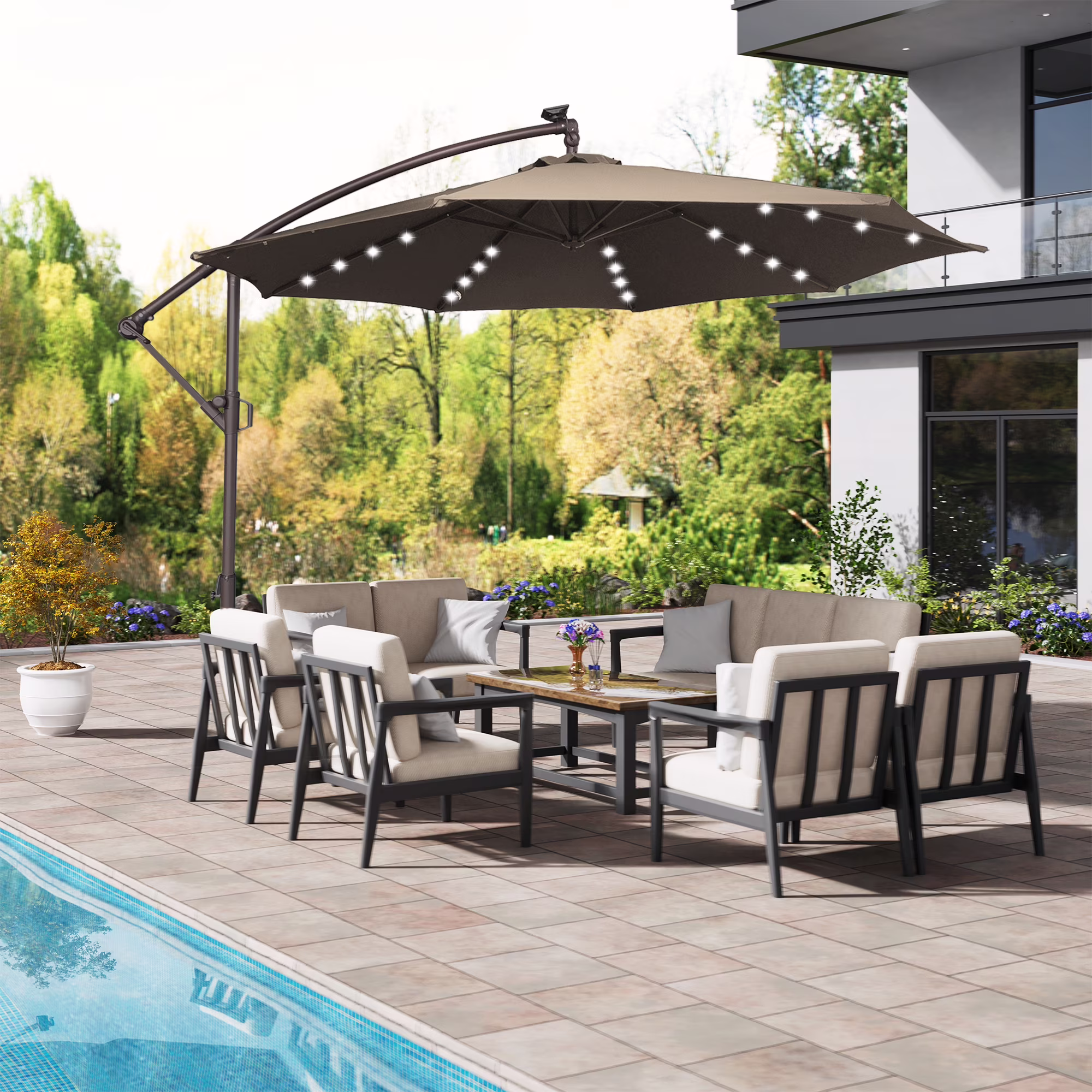 Mondawe 10ft Solar Lights Offset Cantilever Patio Umbrella - with Light, LED Lighted Offset Hanging Patio Outdoor Market Umbrella UPF50+ UV Protection with Crank,Navy Blue - Image 10