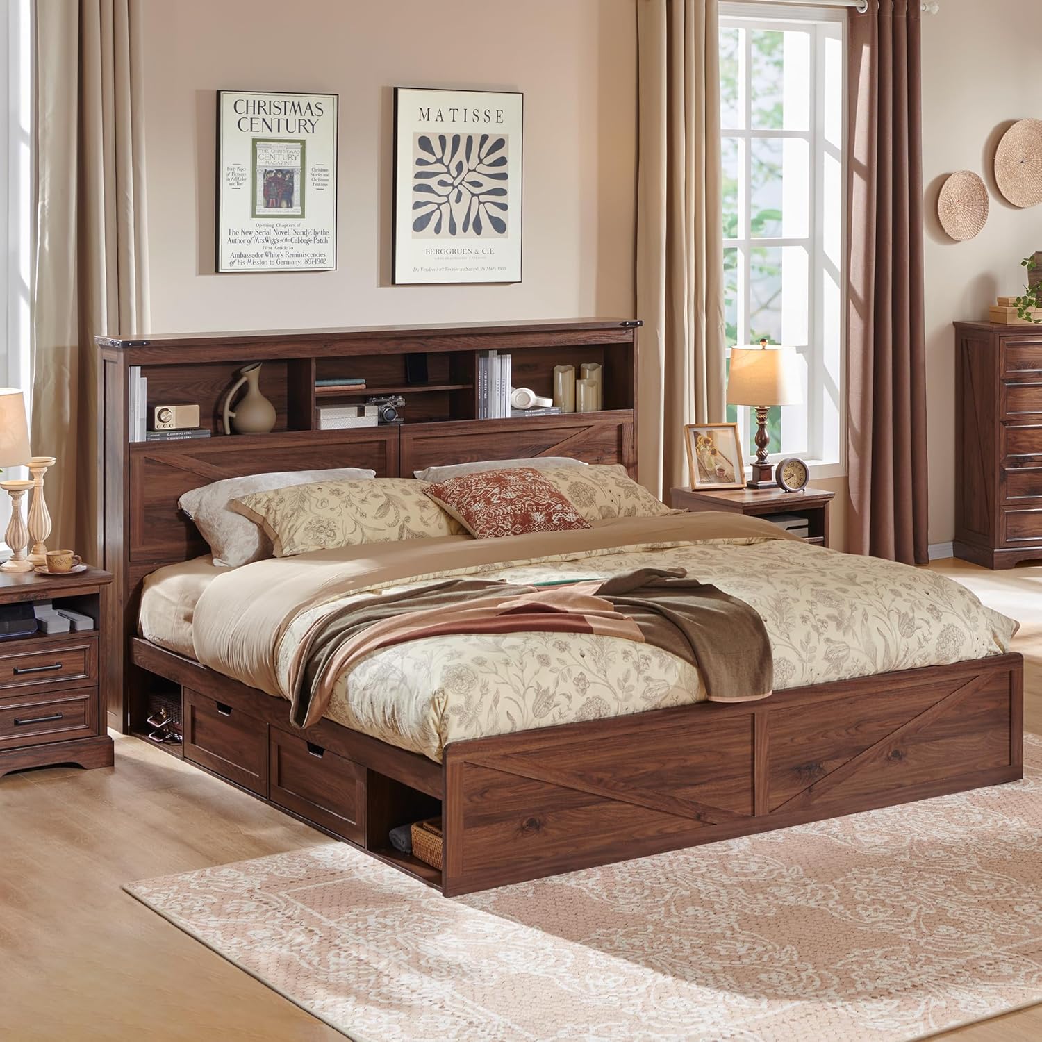 ACCOHOHO Farmhouse King Size Bed Frame with 52