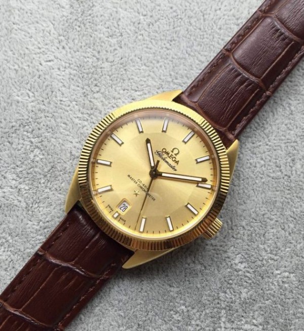 Replica Omega Globemaster Master Chronometer YG Dial/Case Brown Leather Strap A8913 - Elite Watch Atelier