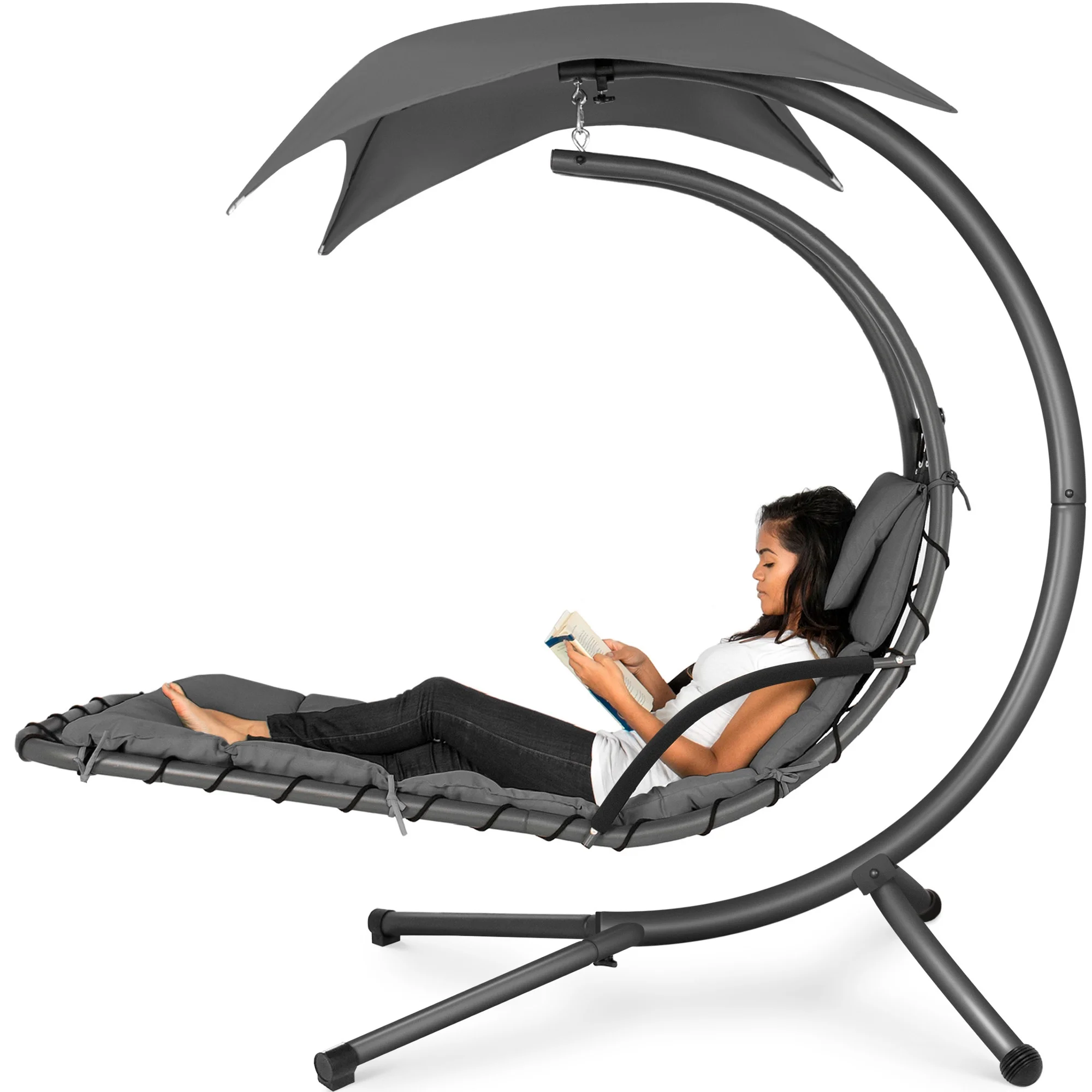 Best Choice Products Hanging Curved Chaise Lounge Chair Swing for Backyard, Patio w/ Pillow, Shade, Stand - Teal - Image 48
