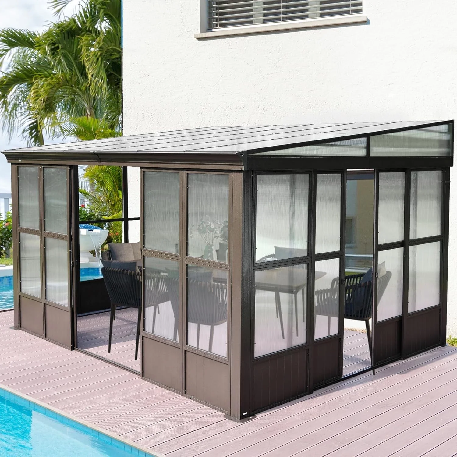 TOTAL Outdoor 10'x12' All-Season Sunroom Gazebo with Steel Roof, PVC Screen, Front & Side Door, Brown - Image 78