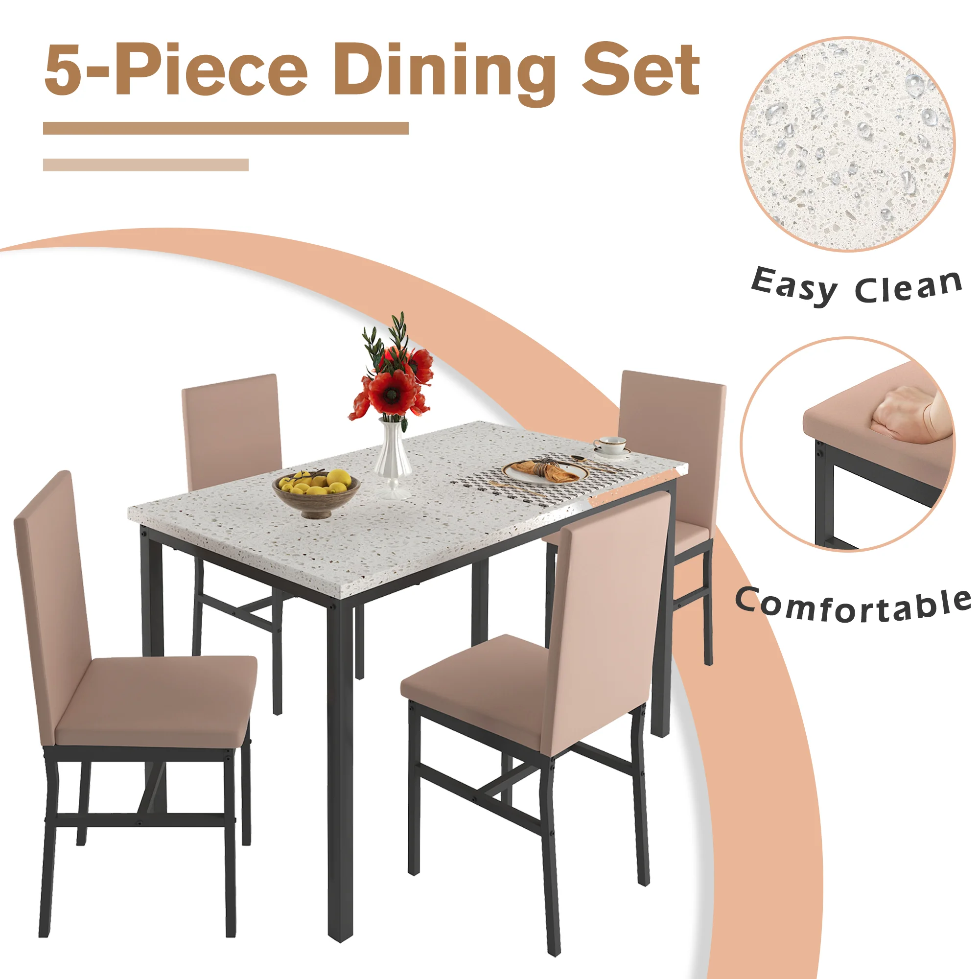5 Piece Dining Set, Modern Dining Table and Chairs Set for 4, Counter Height Bar Table Set, Modern Pub Table with 4 Velvet Fabric Cushioned Stools, Faux Marble Dining Table & Stools Set, D9297 - Image 37