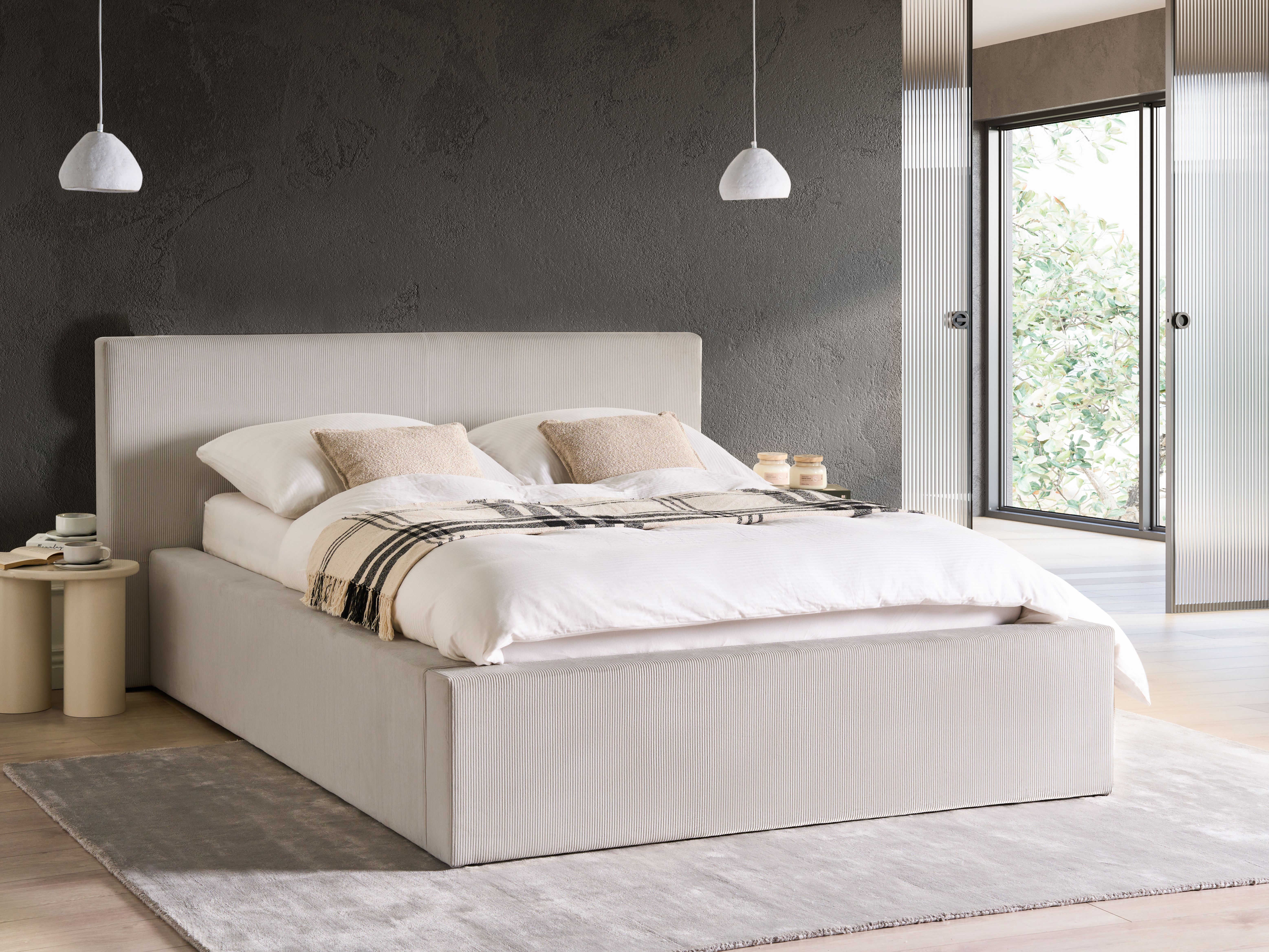 Ottoman Bed Corduroy LILLEBONNE 140 x 200 cm (EU Double) Light Beige