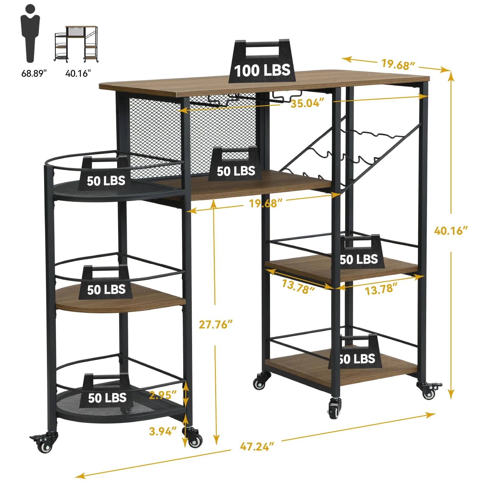 Bar Cart, Home Bar Service Cart with Wine Rack and Glass Holder, Kitchen Cart with Rolling Wheels, Metal Bar Rack with 7 Tiers Storage for Home, Kitchen, Living Room, Dining Room (Brown)