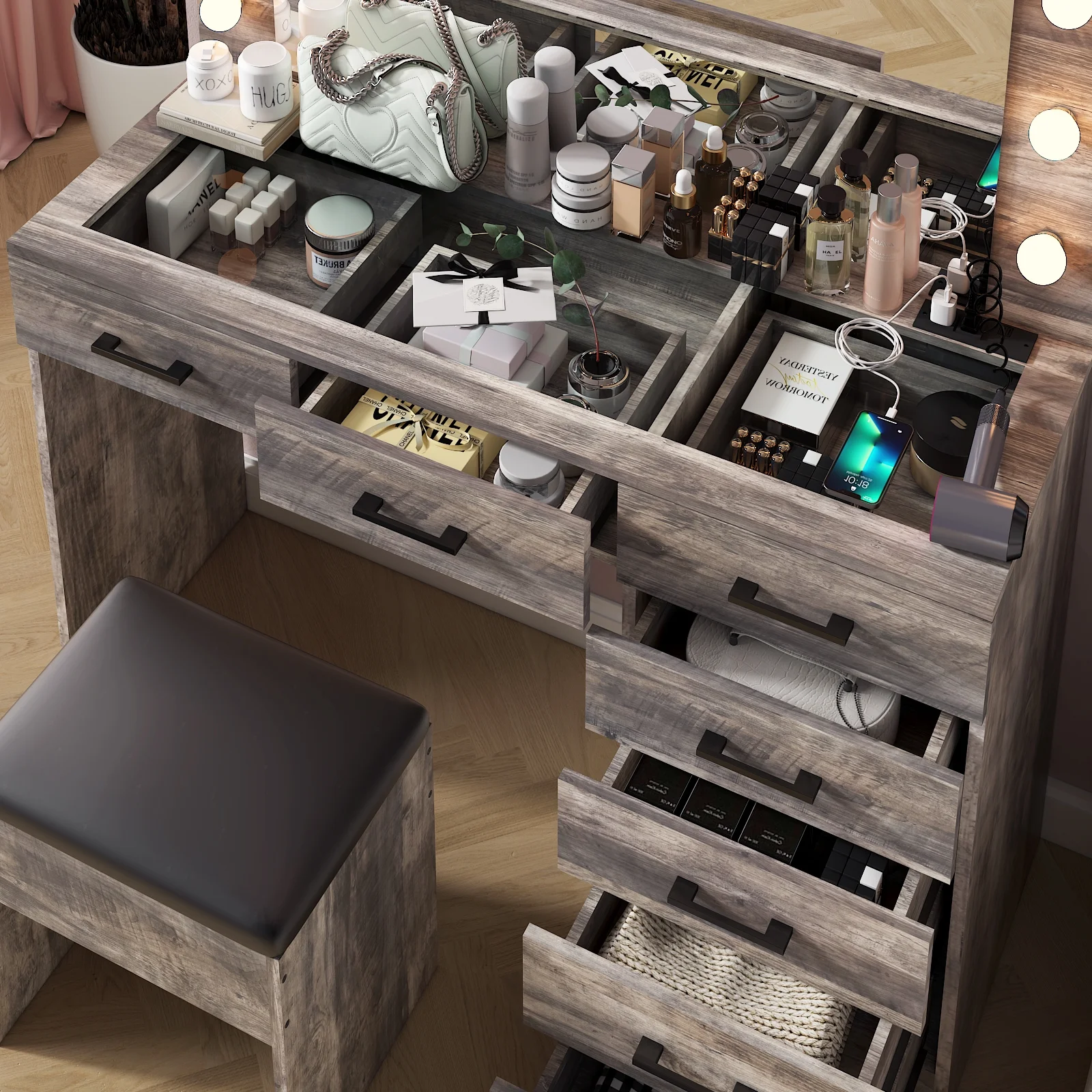 Ktaxon Large Makeup Vanity, Vanity Table Set w/ Visible Glass Top w/ Charging Station, White - Image 81