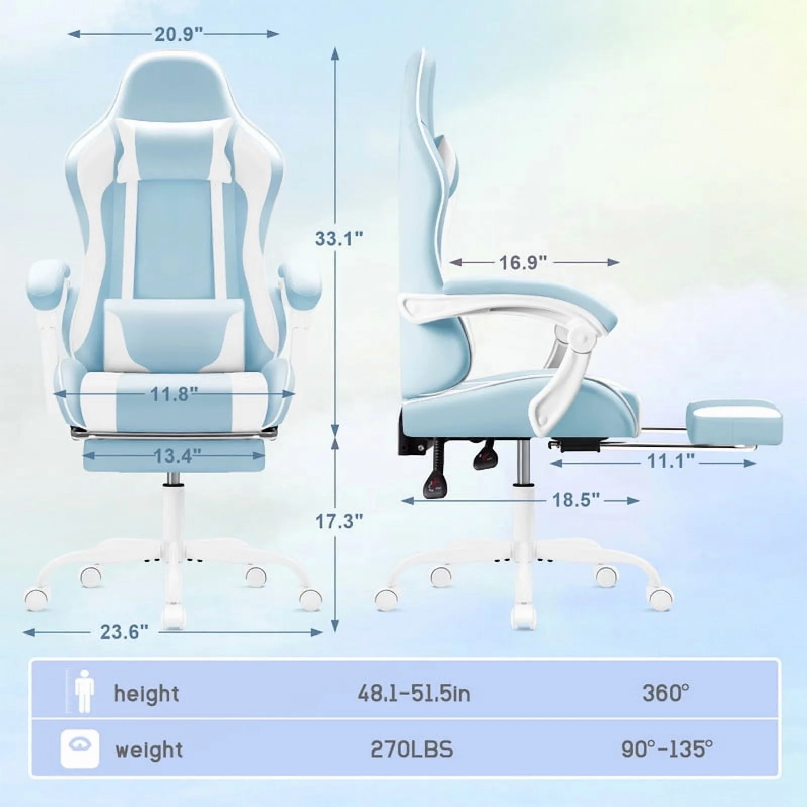 Lacoo PU Leather Gaming Chair Massage Ergonomic Gamer Chair Height Adjustable Computer Chair with Footrest & Lumbar Support, White - Image 20