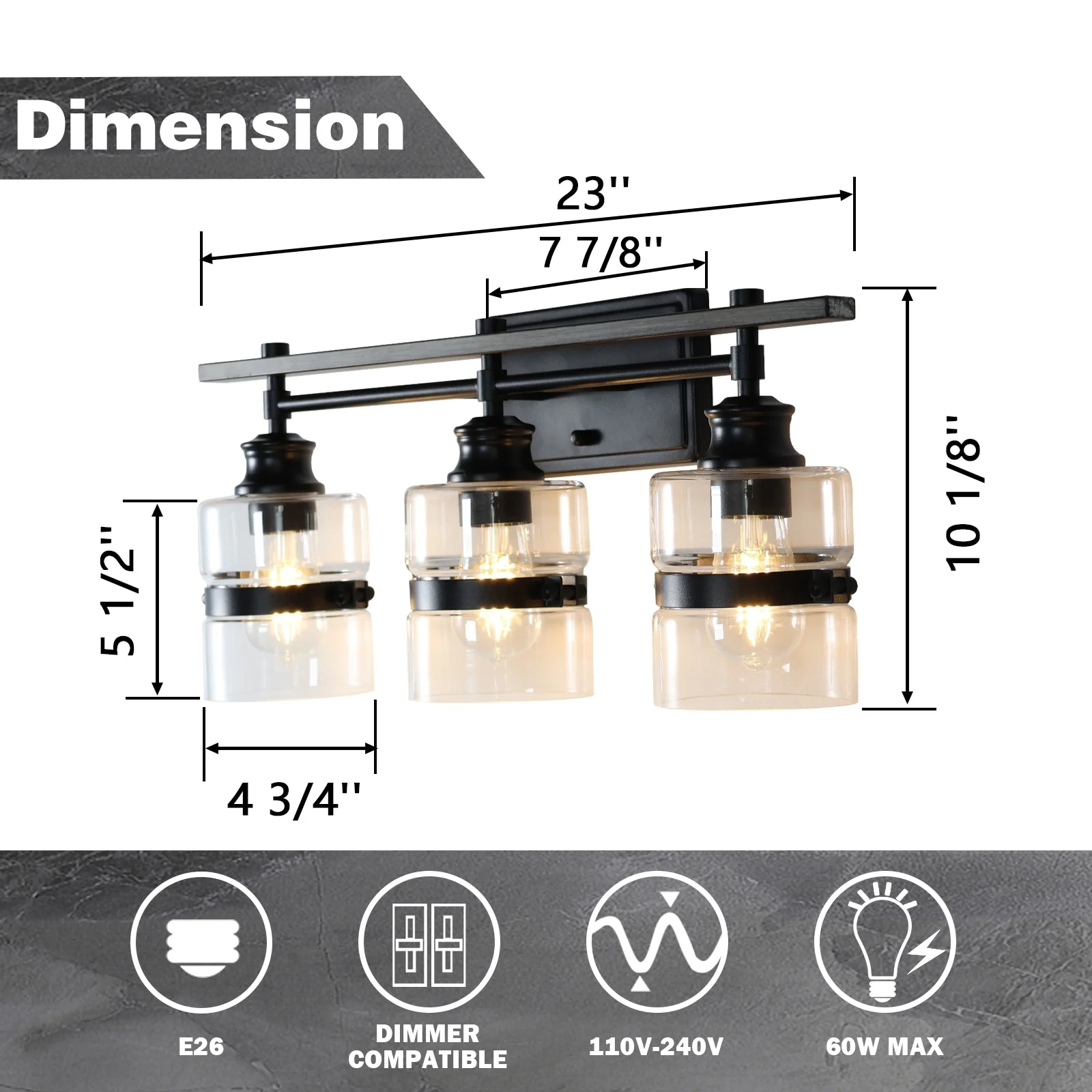 ExBrite  3-lights Bathroom Dimmable Black Vanity Lights Modern Wall Sconce Lighting Black 3-Lights Polished 13 to 24 Inches 4 to 8 Inches