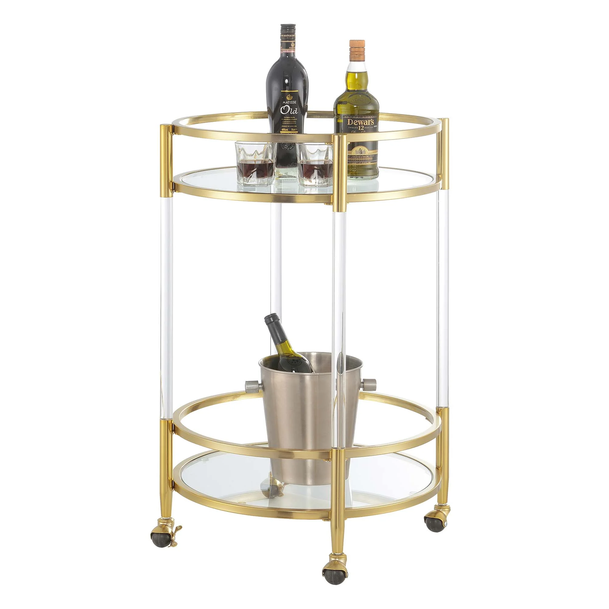 Royal Crest Two-Tier Acrylic Round Bar Cart in Clear Glass with Gold Metal Frame