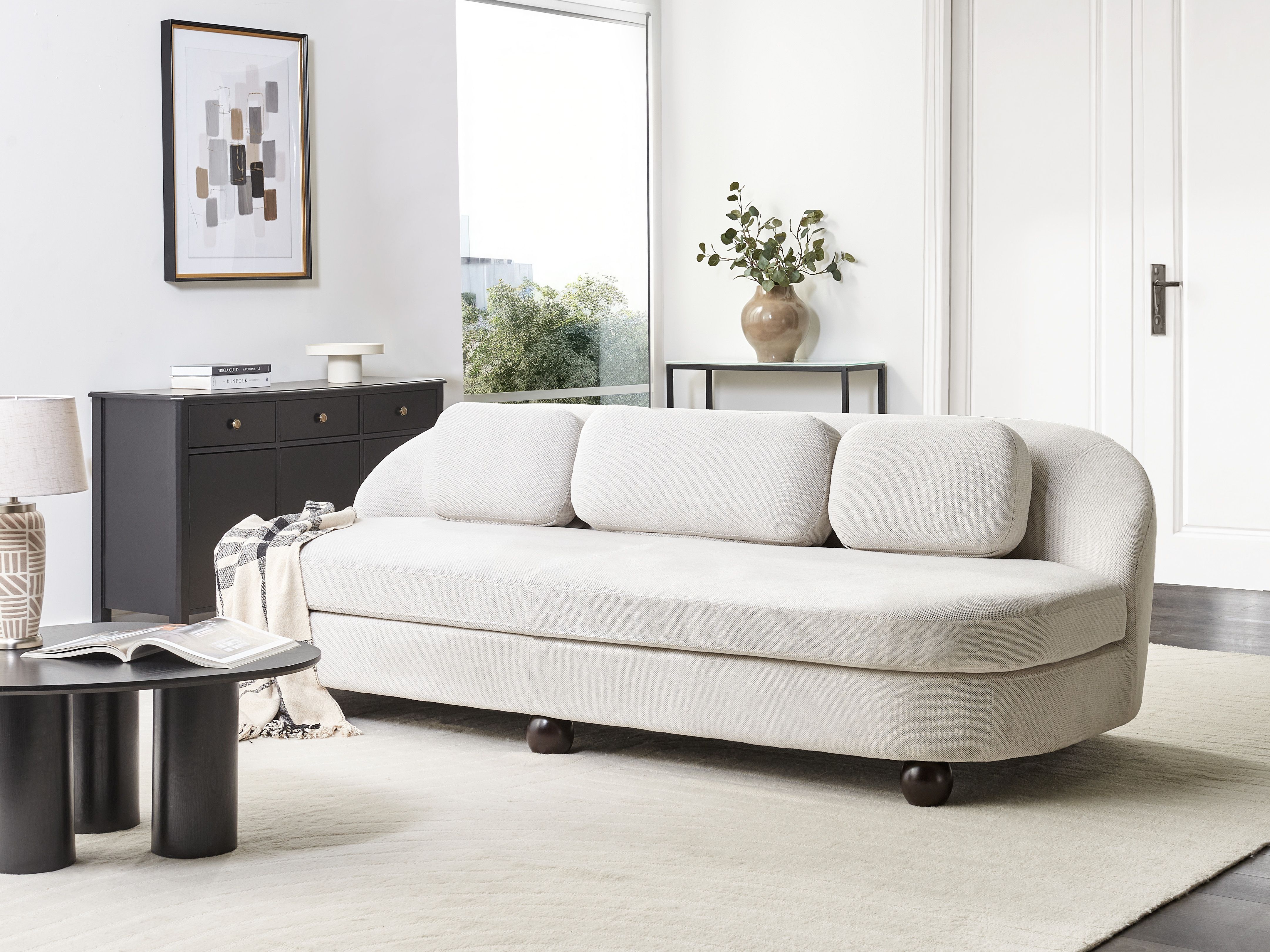 Sofa 3 Seater FANSEN Fabric Off-White with Cushion
