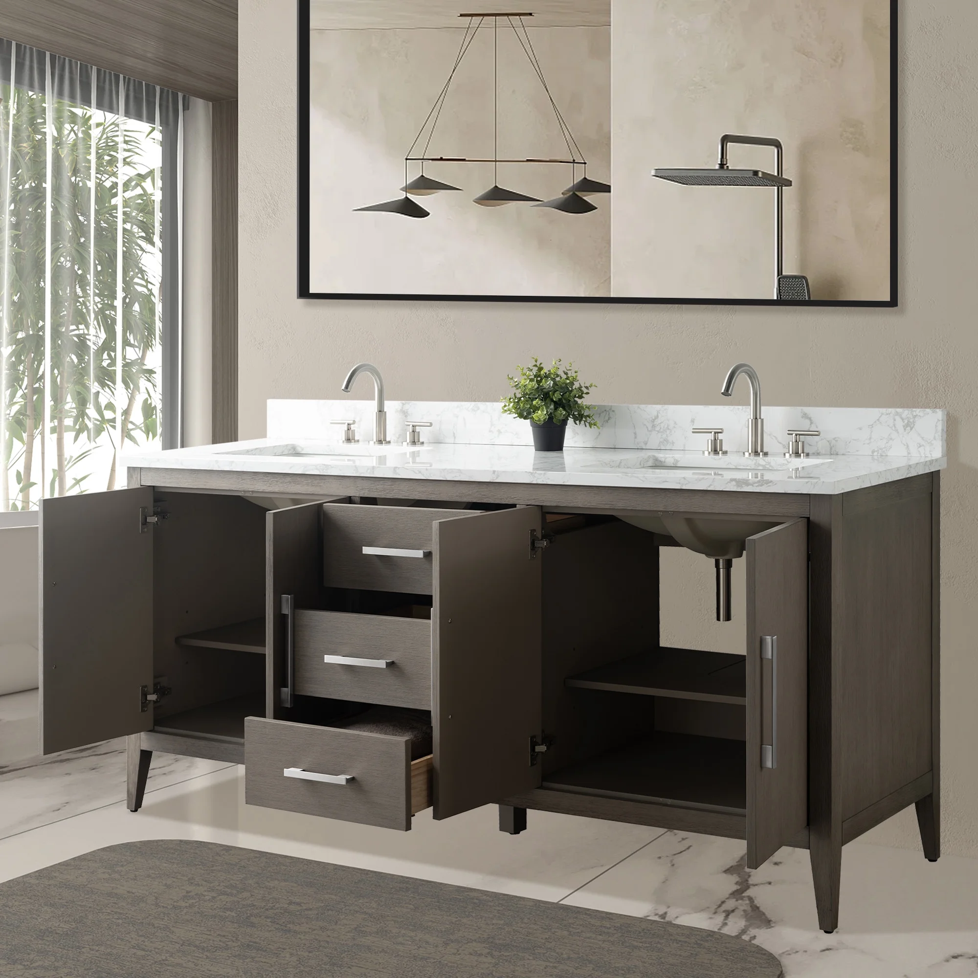 Vanity Art 72�� Double Sink Bathroom Vanity Cabinet with Engineered Marble Countertop
