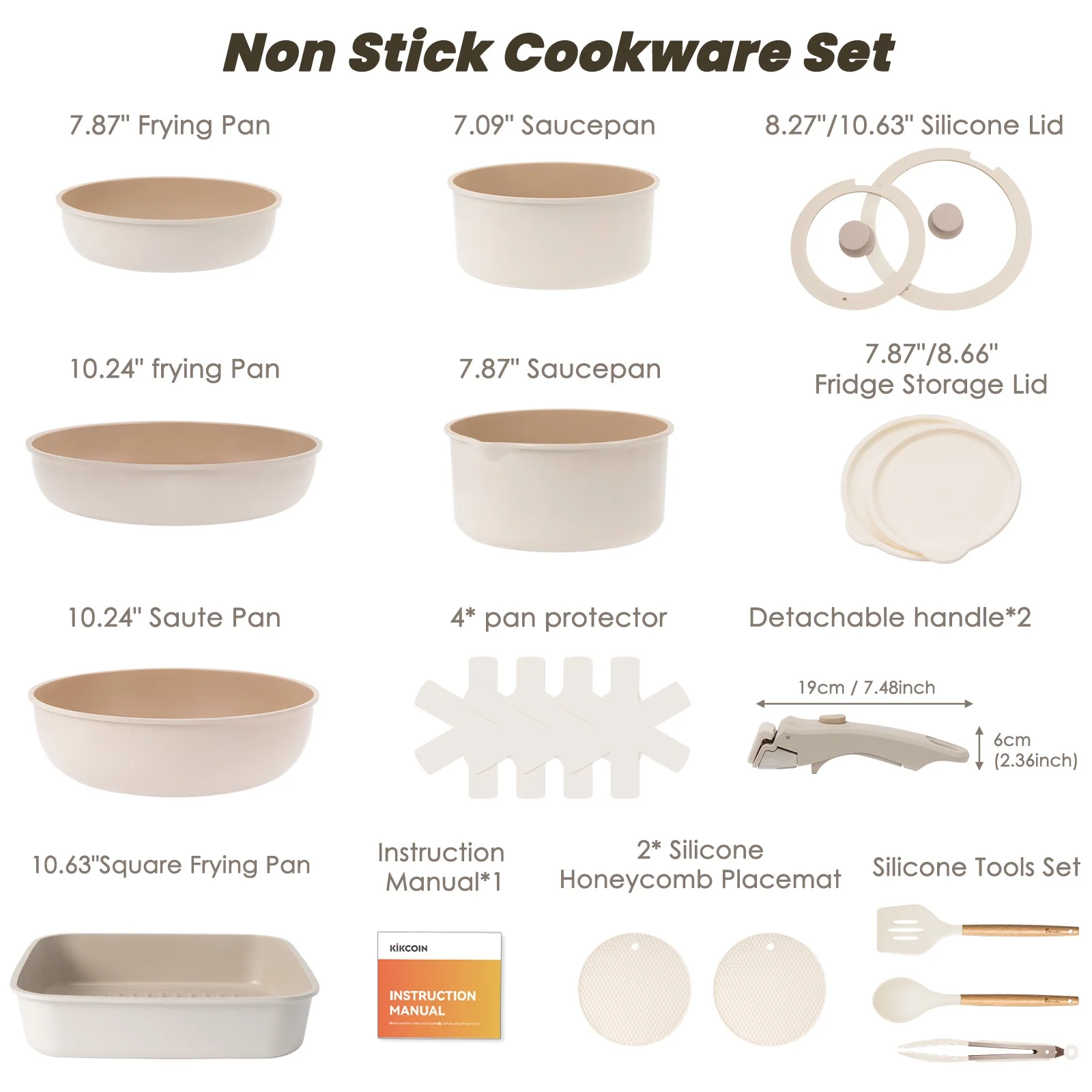 Kikcoin 21 pieces Pots and Pans, Nonstick Cookware Set with Detachable Handles, Dishwasher-Safe Pot and Pan Set(Beige)