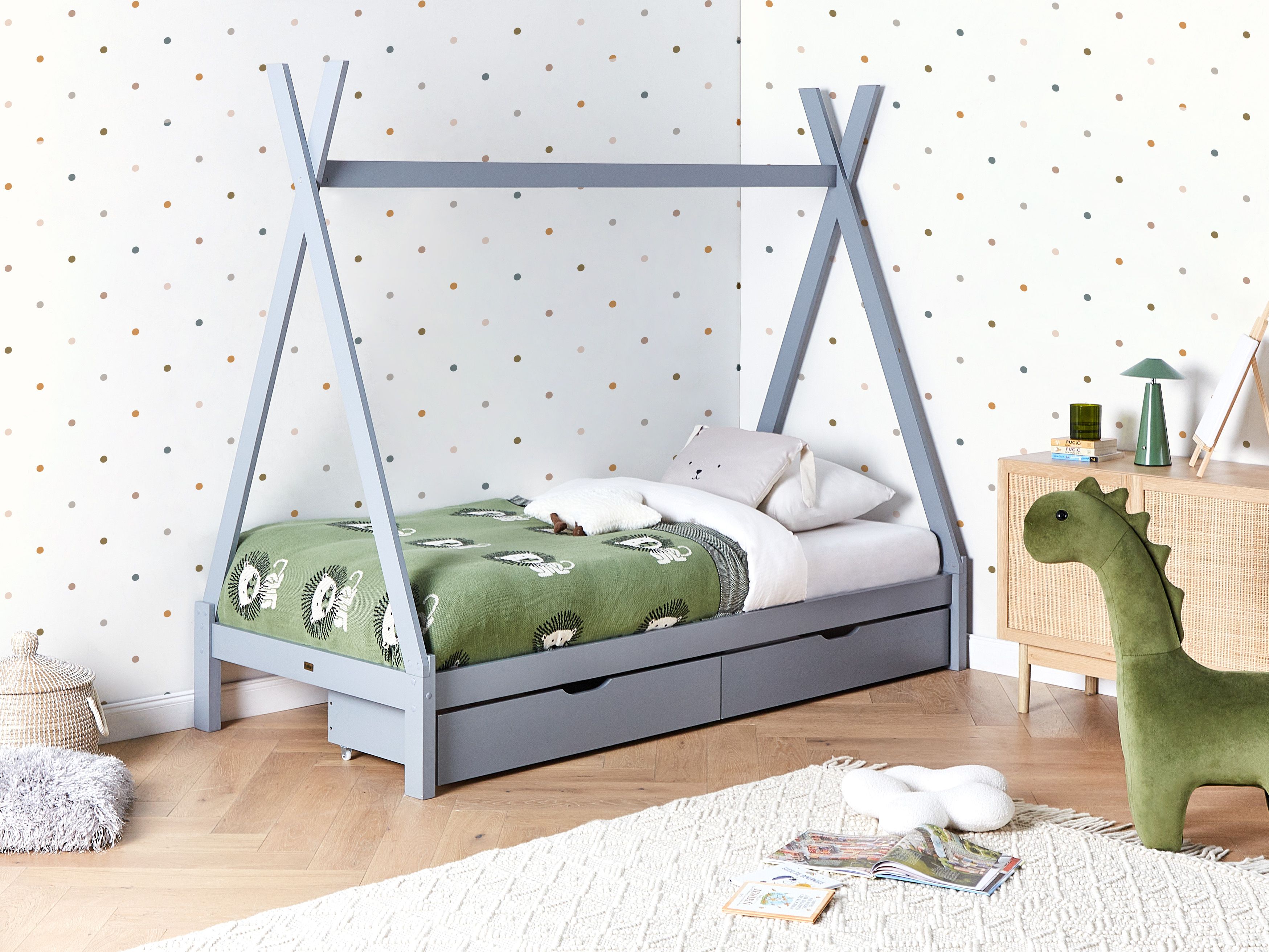 Kids Bed with Drawers Teepee Pine Wood DEVAY 90 x 200 cm (EU Single) Grey