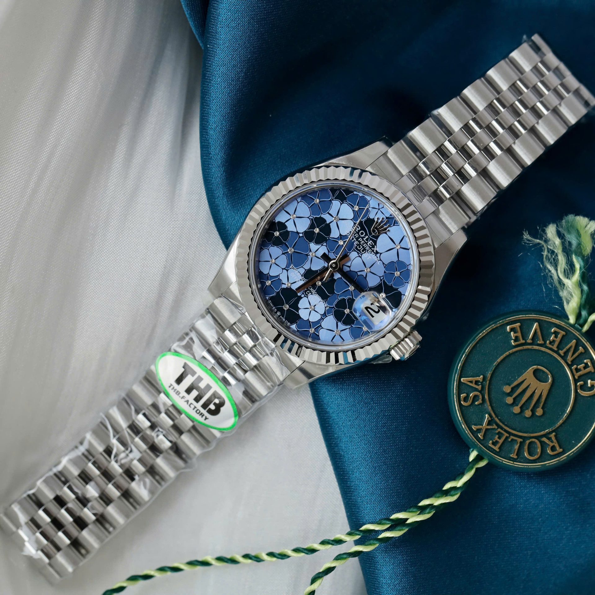 Rolex DateJust Replica Watch Women Blue Flower Dial THB Factory 31mm - Elite Watch Atelier