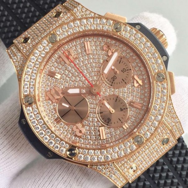 Replica Hublot Big Bang Gold Full Pave Chrono RG Diamonds Dial Black Rubber Strap A7750 - Elite Watch Atelier
