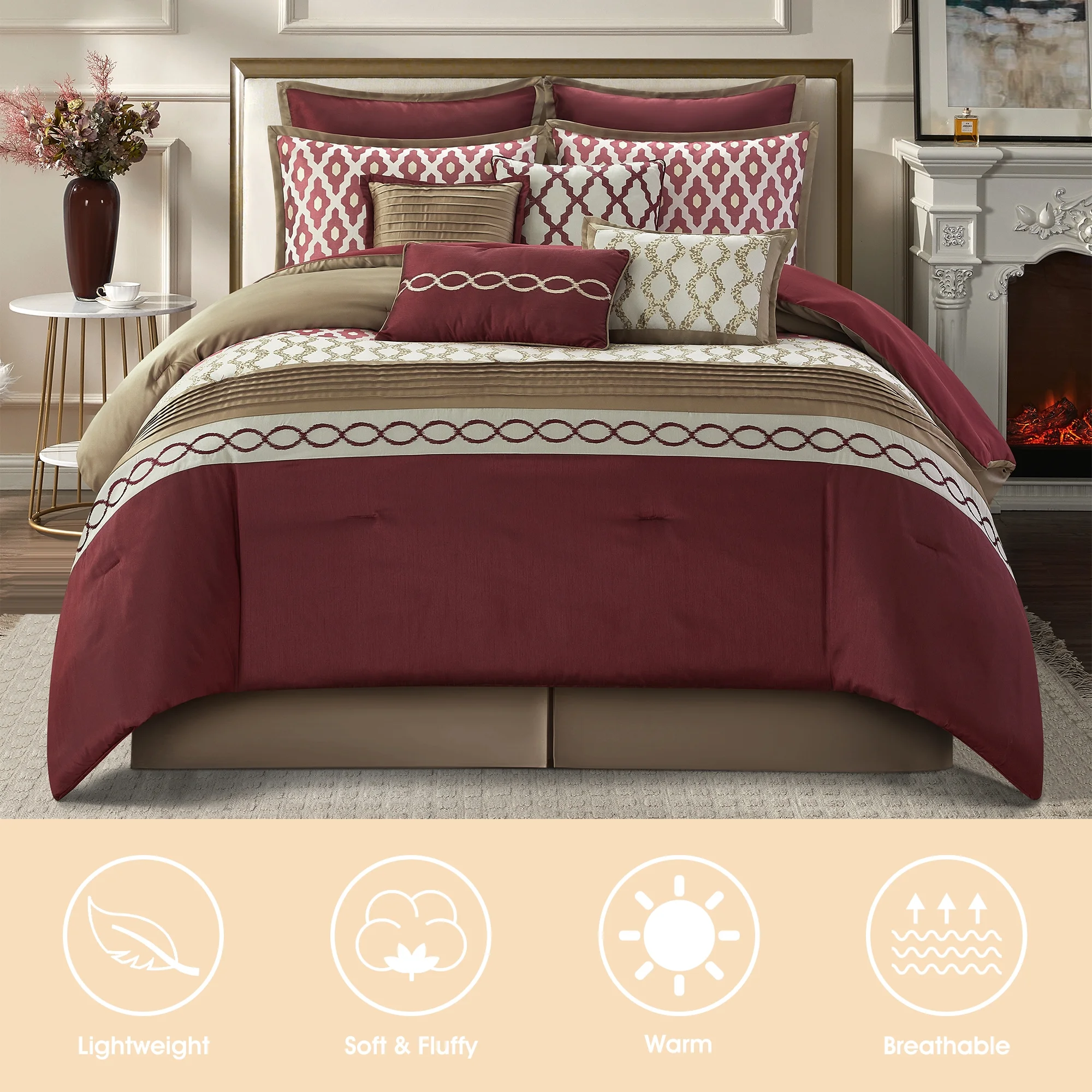 LANCO MODERN LIFESTYLE King Size Comforter Set, Burgundy, 10 Piece Bed in a Bag for All Seasons, Luxury Extreme Comfort Bedding Sets with Bedskirt, Pillow Shams, Euro Shams and Decor Pillows - Image 4