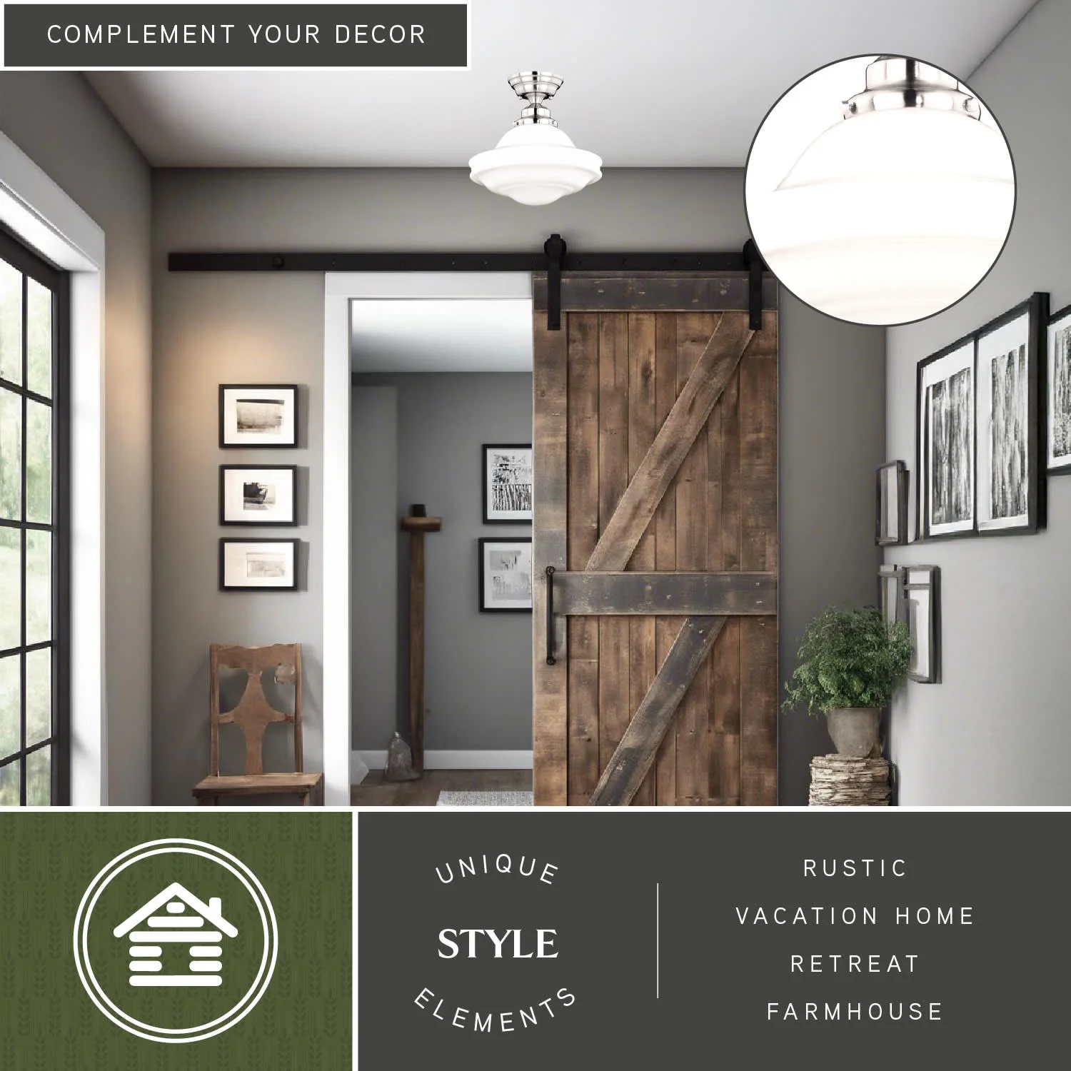 Huntley 12-in W Satin Nickel Farmhouse Schoolhouse Semi Flush Mount Ceiling Light White Glass