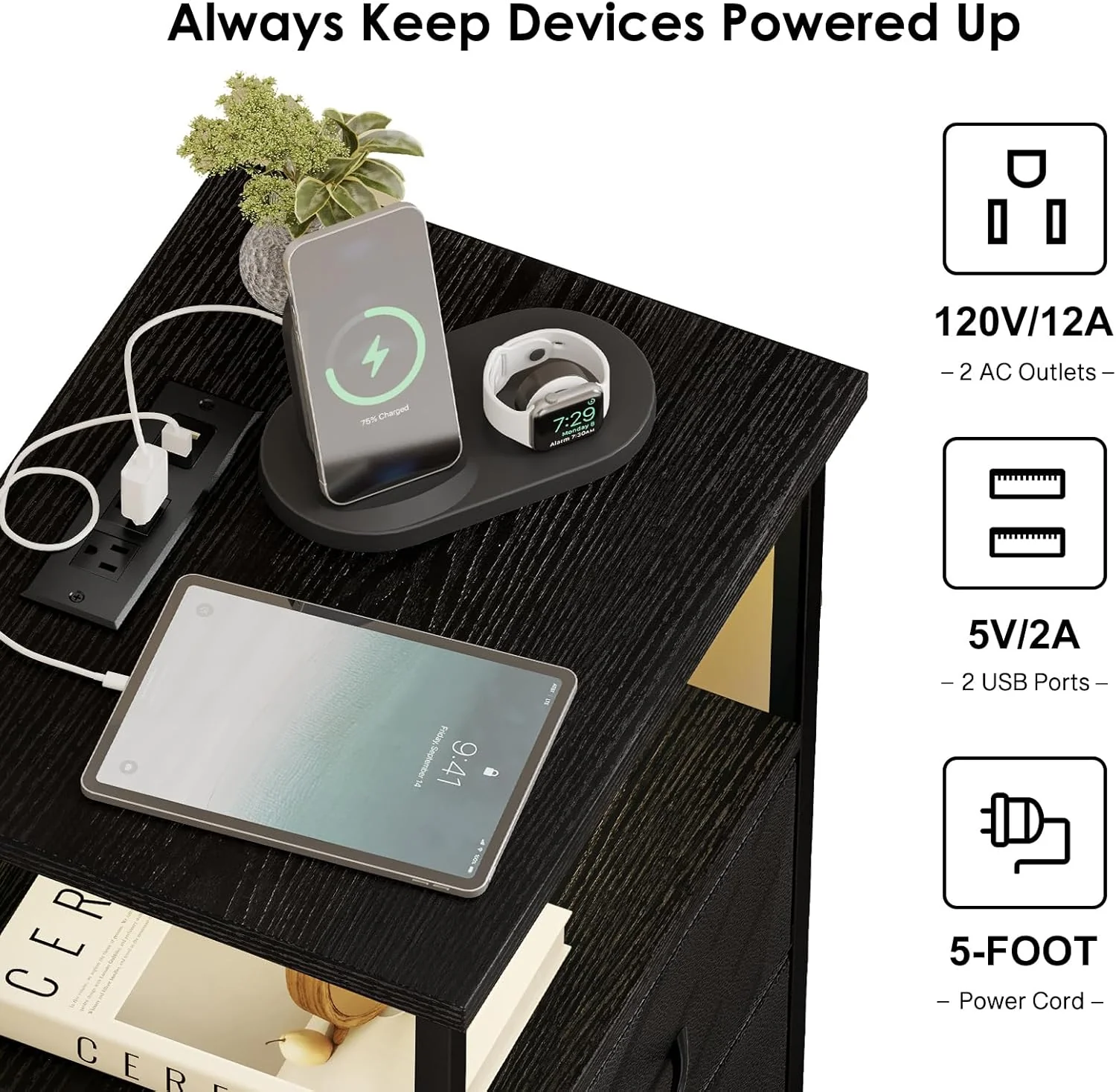 Black Nightstand Set of 2 with Charging Station, RGB LED & 2 Fabric Drawers - Image 6 Black Nightstand Set of 2 with Charging Station, RGB LED & 2 Fabric Drawers - Image 6