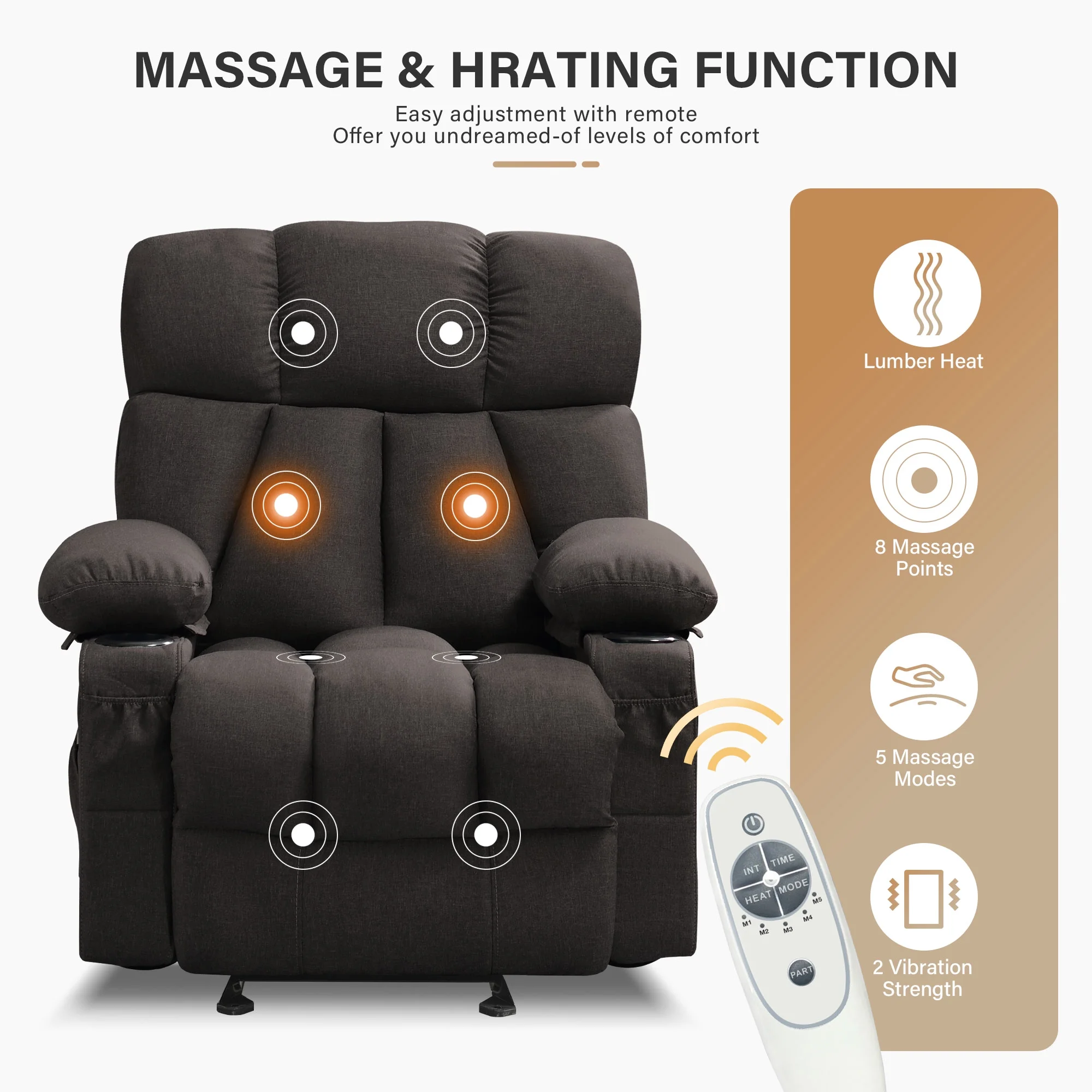 JONPONY Manual Recliner Chair with Heat Therapy and Massage Function, Heavy Duty Reclining Mechanism Massage Chair, Elderly Single Rocker Sofa with Cup Holders for Bedroom Home Theater,Grey - Image 89