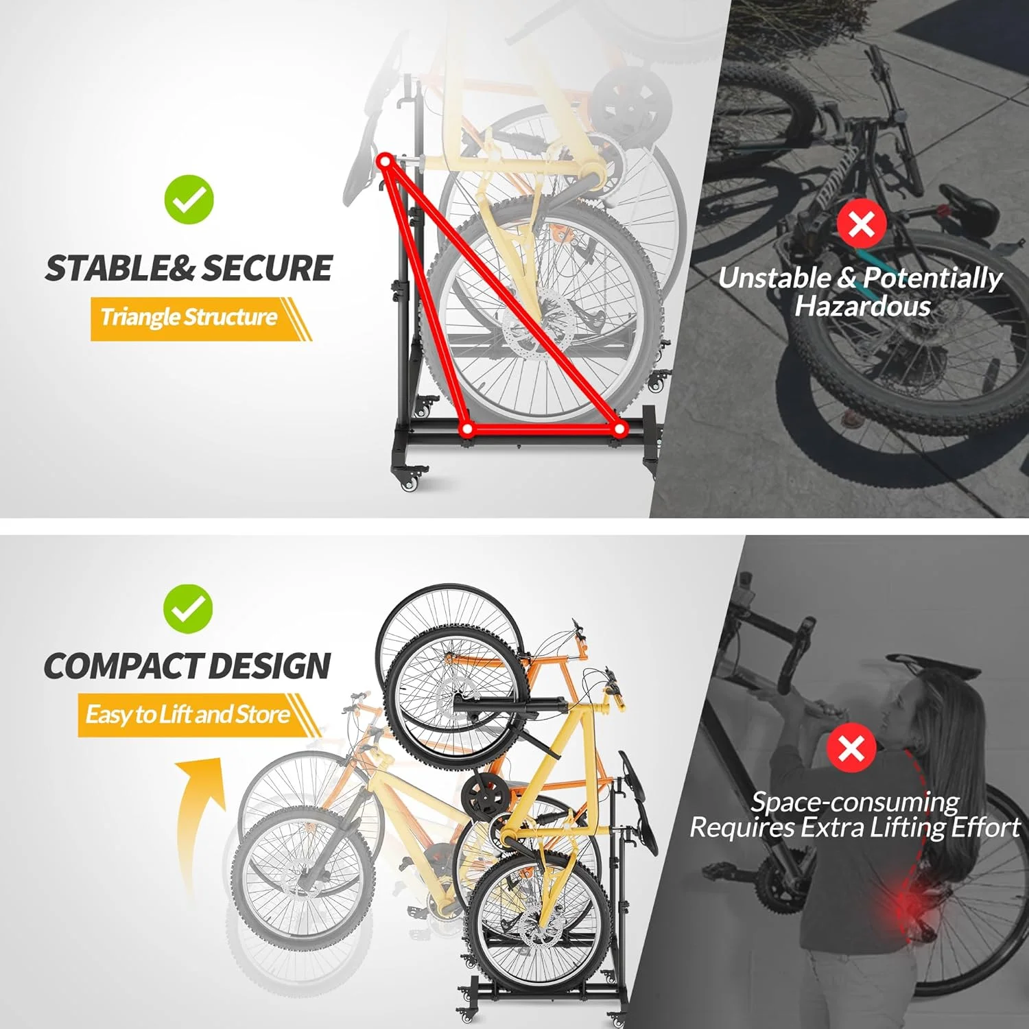 Vertical Bike Stands (2 Pack)��Standing Bike Rack for Garage Floor��Upright Bicycle Floor Stand Indoor Bike Holder with Adjustable Height for Garage & Apartment - for Wheels Sizes up to 29�� - Image 5
