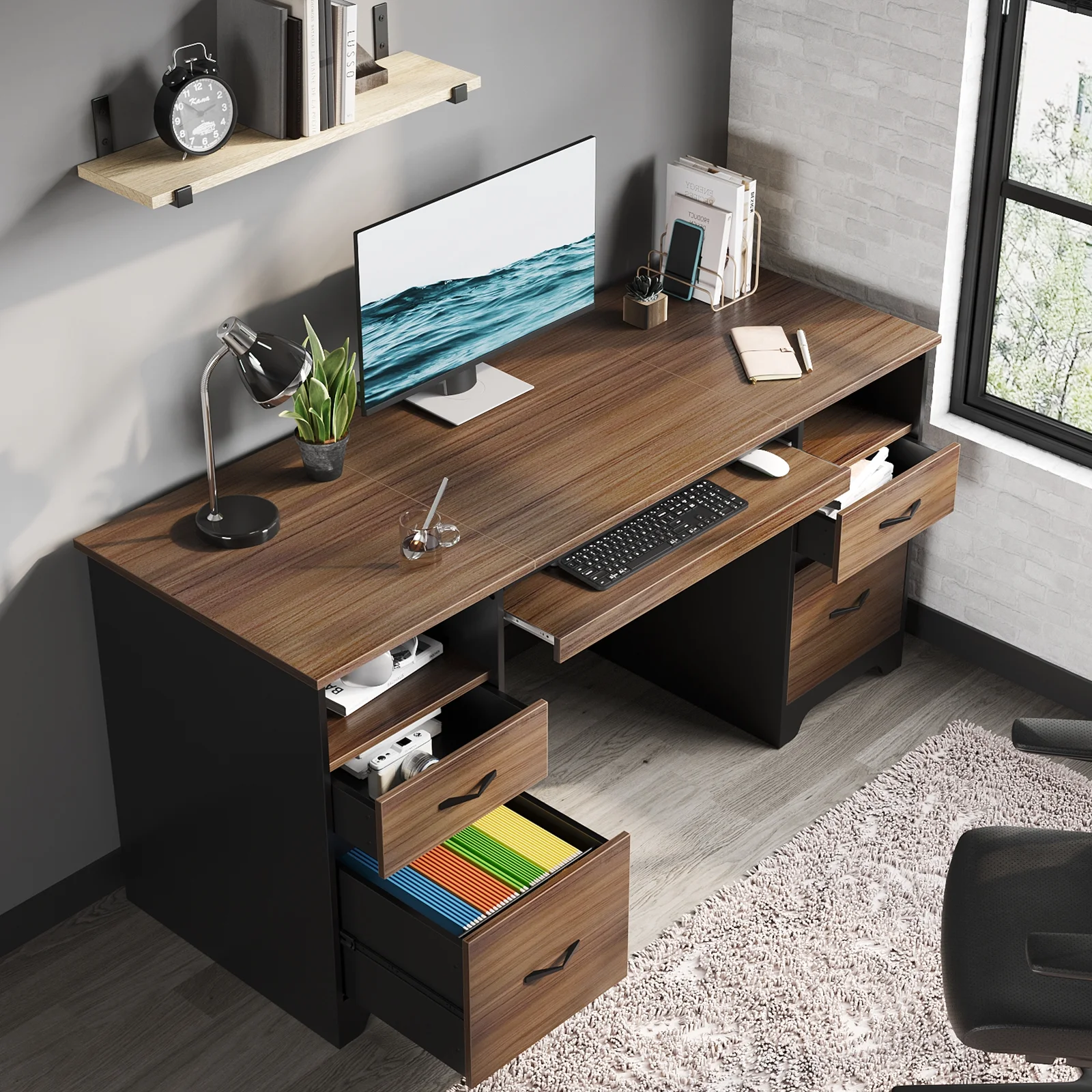 Bestier 59�� Computer Desk with 4 Drawers, Office Executive Desk with File Drawer, Keyboard Tray for Home Office, Gray - Image 13