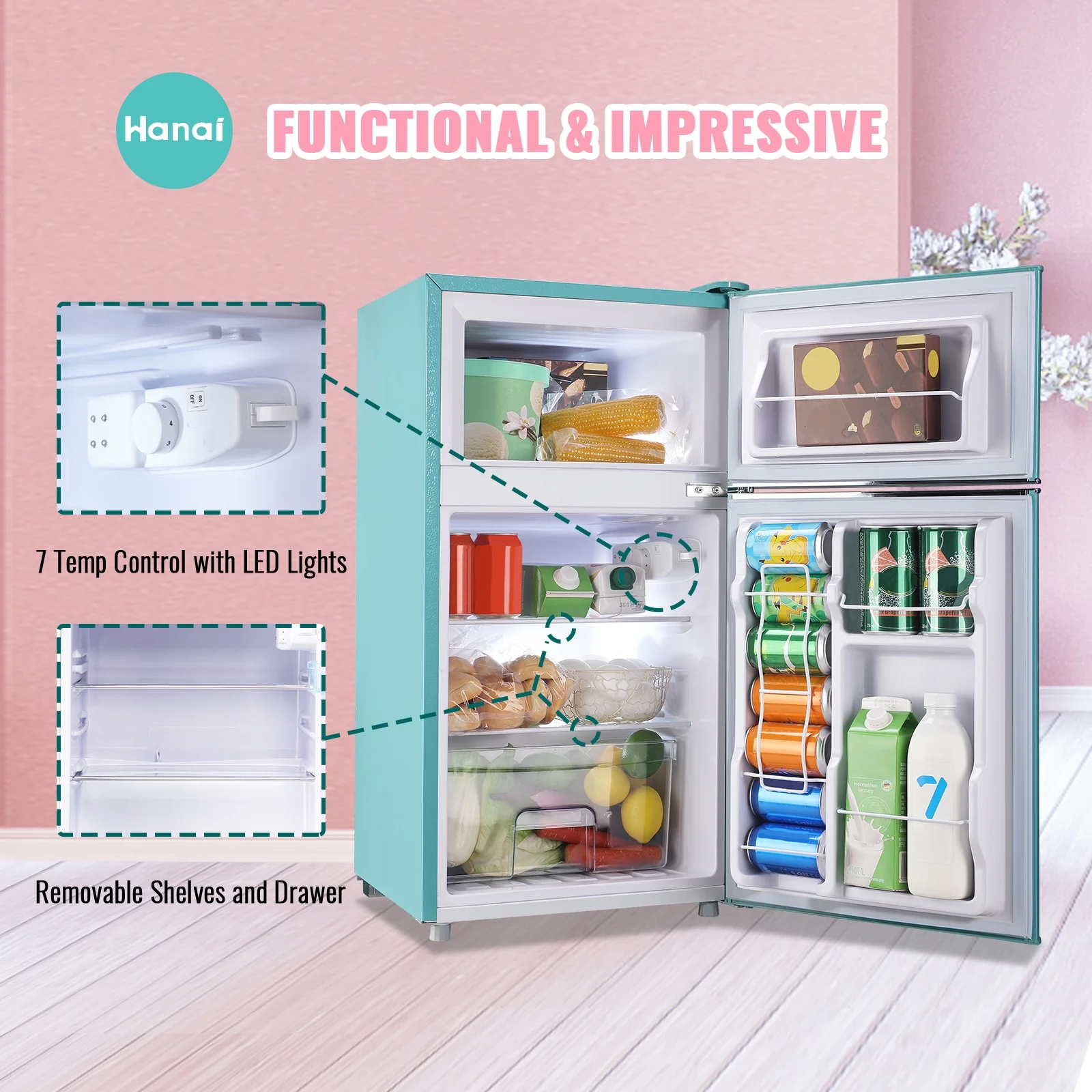 3.5 Cu.ft Compact Refrigerator WANAI Dual Doors Handles Mini Fridge with Top Freezer Blue New - Image 8