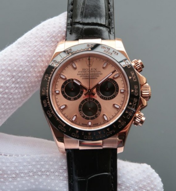 Replica Rolex Daytona 116515 N RG/Black Dial Black Leather Strap A7750 - Elite Watch Atelier