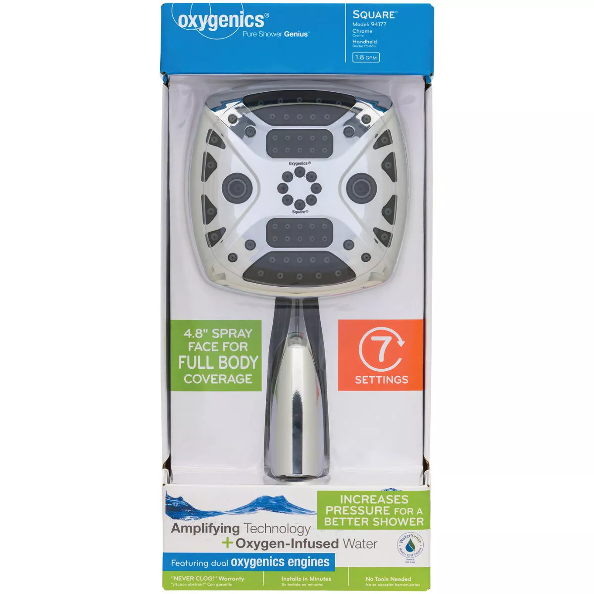 Oxygenics 7-Spray 1.8 GPM Square Handheld Shower Head, Chrome