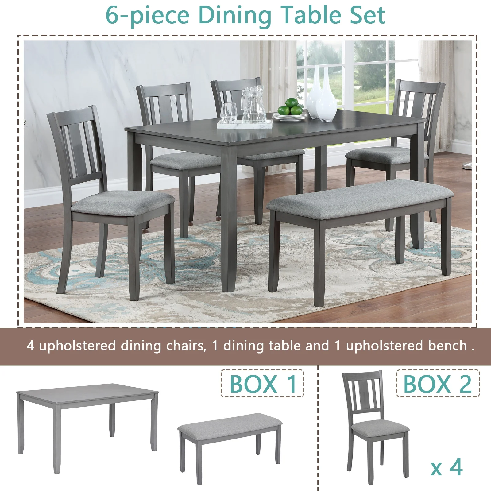 Dining Room Set, LEGAHOME 6 Piece Dining Sets with Bench and Chairs, Solid Wood Kitchen Dining Table Set for 6 with Upholstered Chairs, Gray - Image 11