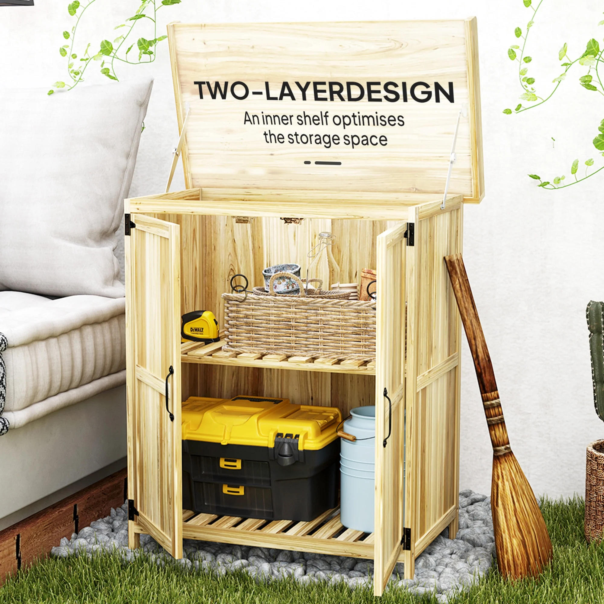 Outsunny Outdoor Garden Shed, Wooden Backyard Shed with Metal Tabletop, Shelf and 2 Doors for Patio, Lawn, Gray - Image 14