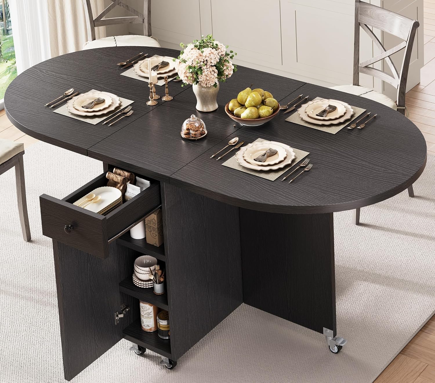 Jocoevol Round Folding Dining Table for 6, Space Saving Drop Leaf Kitchen Table with Storage Drawer, 6 Wheels Oval Gateleg Foldable Dining Table for Small Spaces (Black, 51