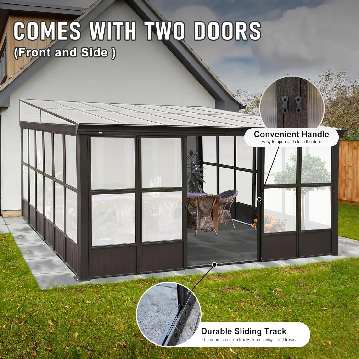 TOTAL Outdoor 10'x12' All-Season Sunroom Gazebo with Steel Roof, PVC Screen, Front & Side Door, Brown - Image 88