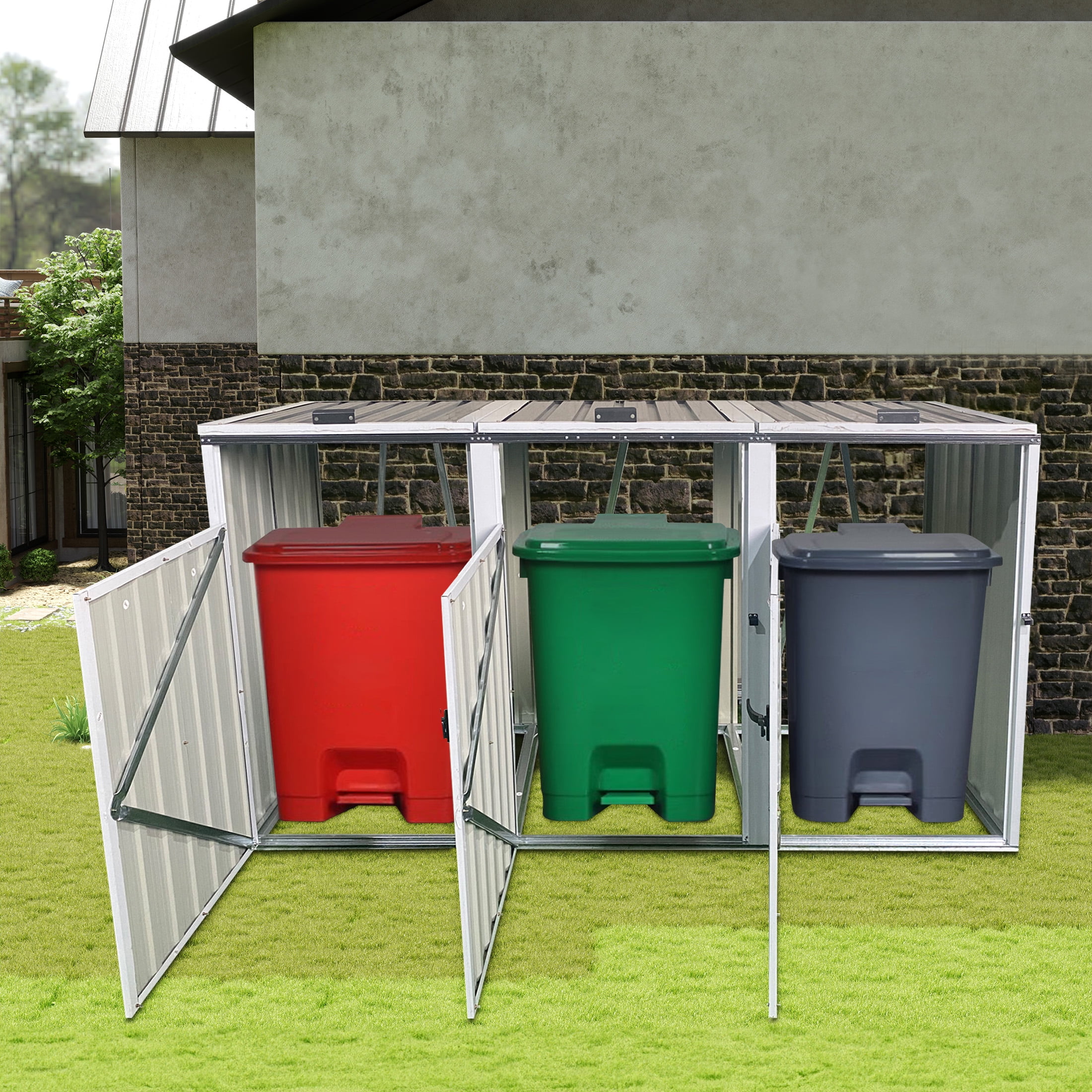 Aukfa 7.3' W Outdoor Garbage Bin Storage, Metal Storage Shed for 3 Trash Cans Tools, Waterproof Trash Can Storage - Image 7