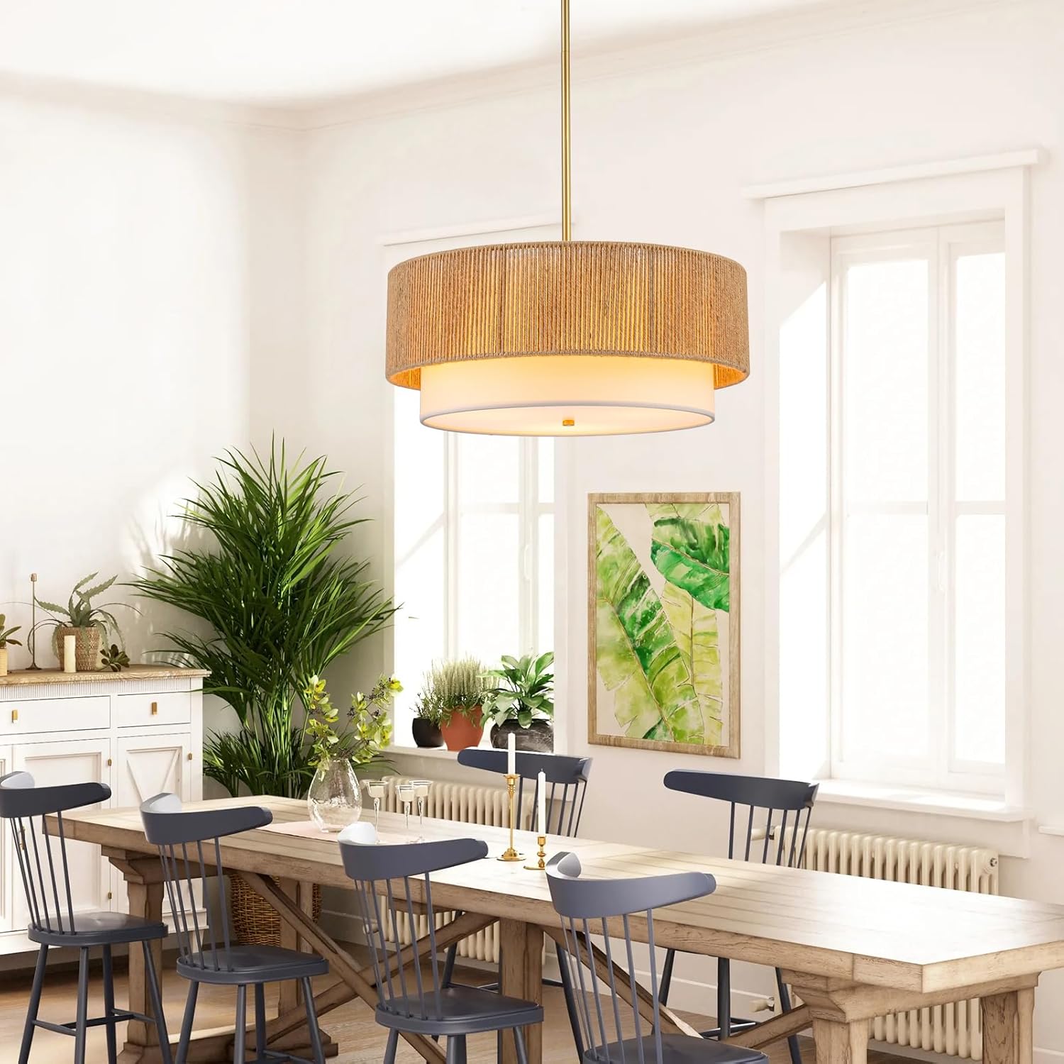 18'' Farmhouse Rattan Chandeliers for Dining Room,3-Light Boho Light Fixtures Rattan Pendant Light Fixture with Fabric Shade Drum Chandeliers for Bedroom Dining Room Foyer Kitchen Hallway