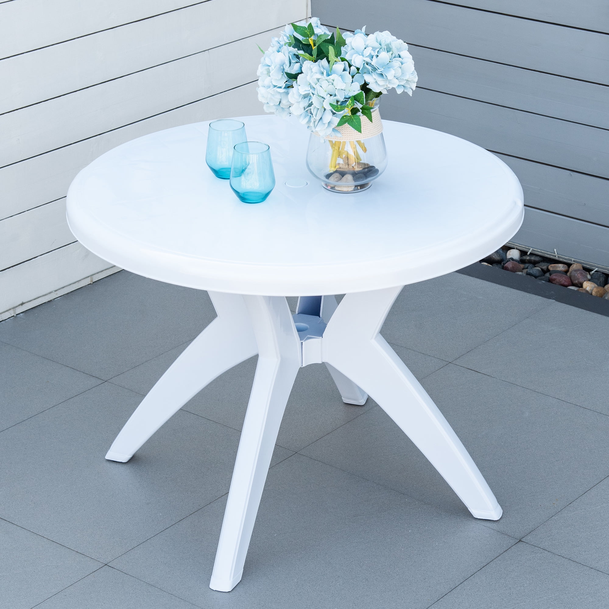 SKTPI Outdoor Plastic Dining Table w/ Umbrella Hole, Outdoor End Table, Patio Coffee Bistro Table for Indoor, Garden, Porch, Balcony, White - Image 5