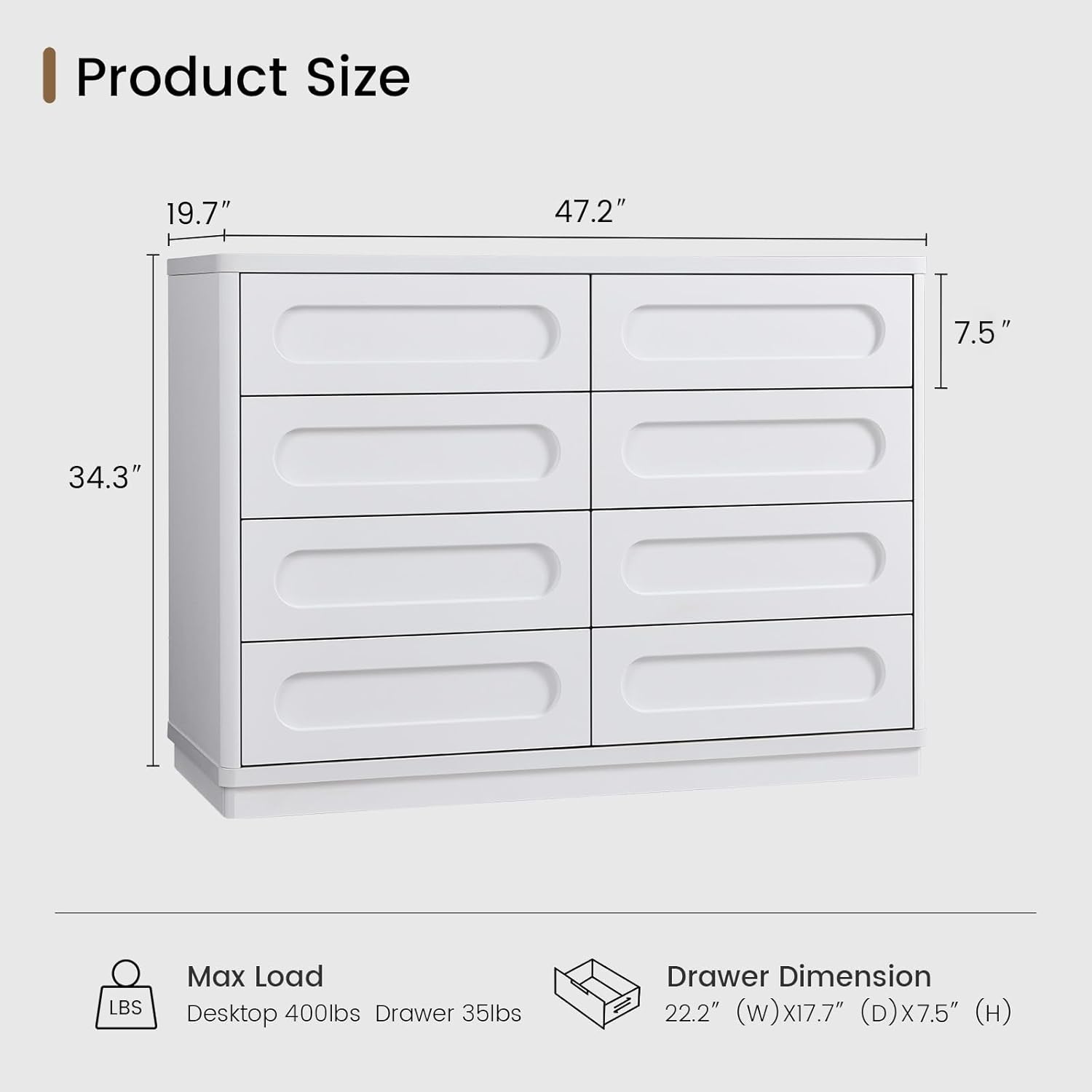 White Dresser for Bedroom with 8 Drawers, 47.2