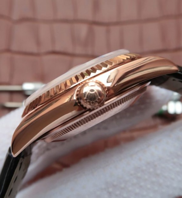 Replica Rolex Day-Date 118135 RG Silver Dial Black Leather Strap A2836 - Elite Watch Atelier