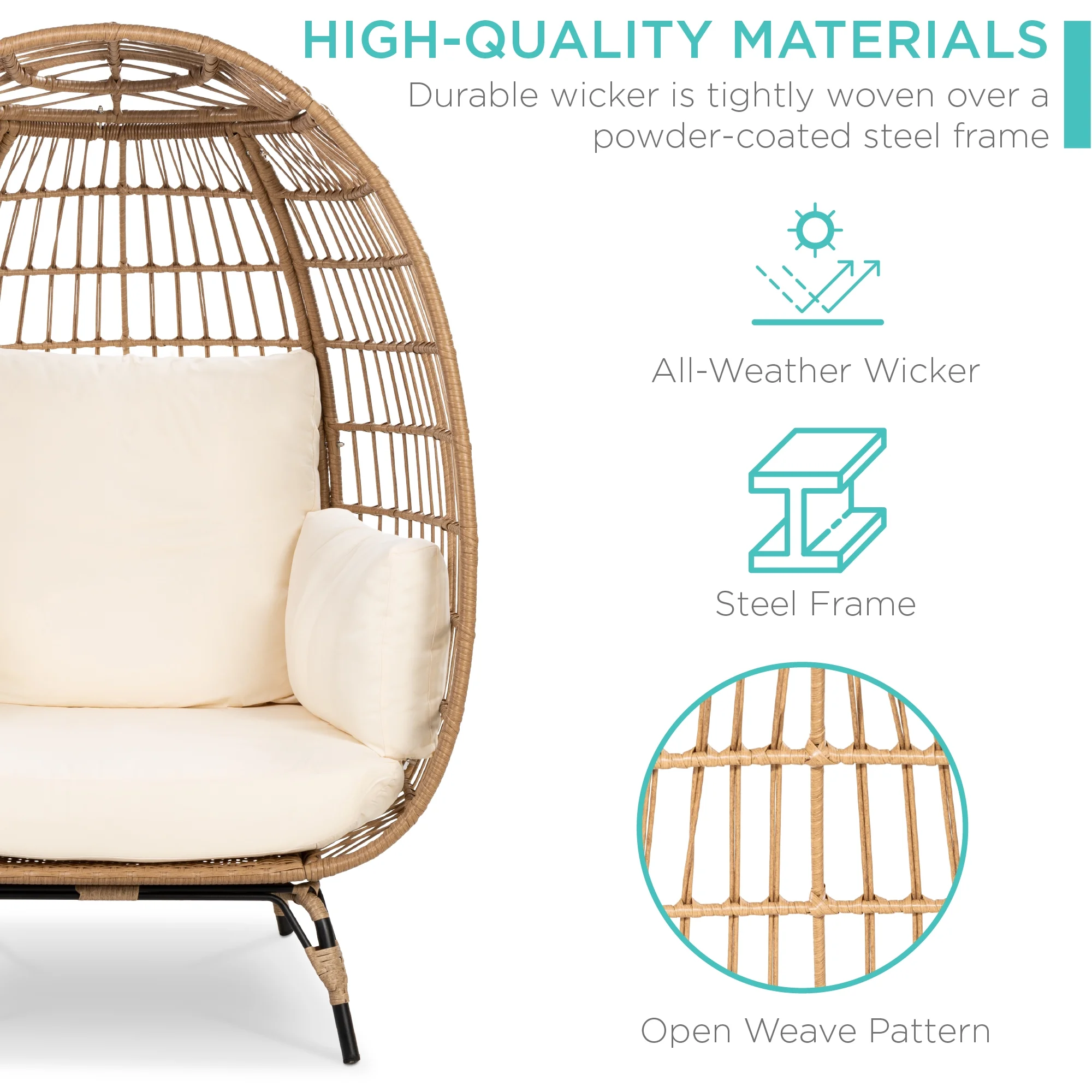 Best Choice Products Wicker Egg Chair Oversized Indoor Outdoor Patio Lounger w/ Steel Frame, 440lb Capacity - Black - Image 15