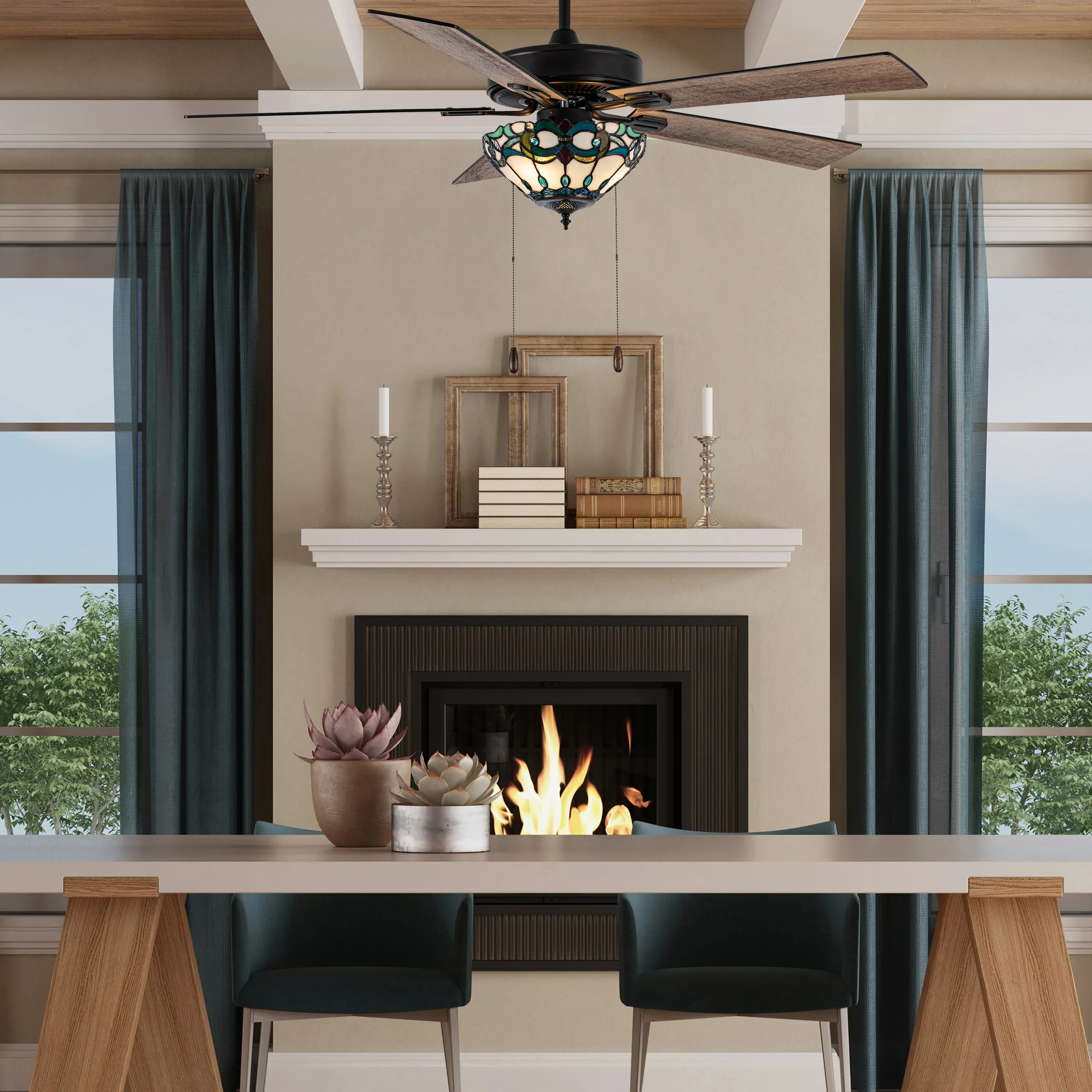 River of Goods Della  Oil-Rubbed Bronze and Stained Glass 52-Inch 3-Light Remote-Controlled Ceiling Fan Ivory with Aqua