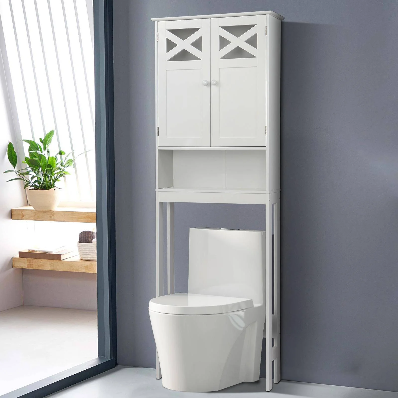 Ktaxon Over the Toilet Storage, Bathroom Storage Cabinet Organizer  with Adjustable Shelf Double Doors, White