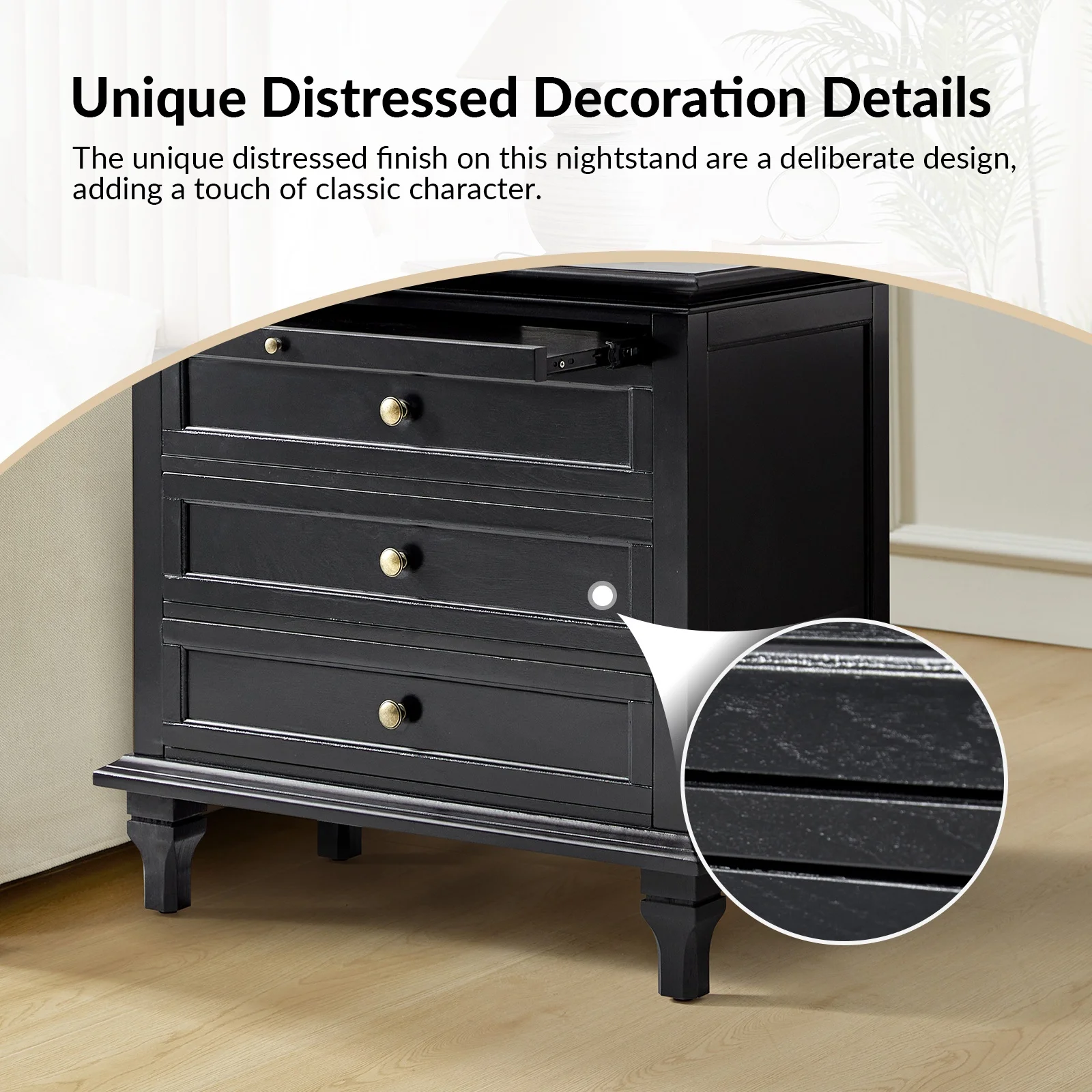Farmhouse 3 Drawers Nightstand with Tray Bedside Table with Charging Station Acorn - Image 37