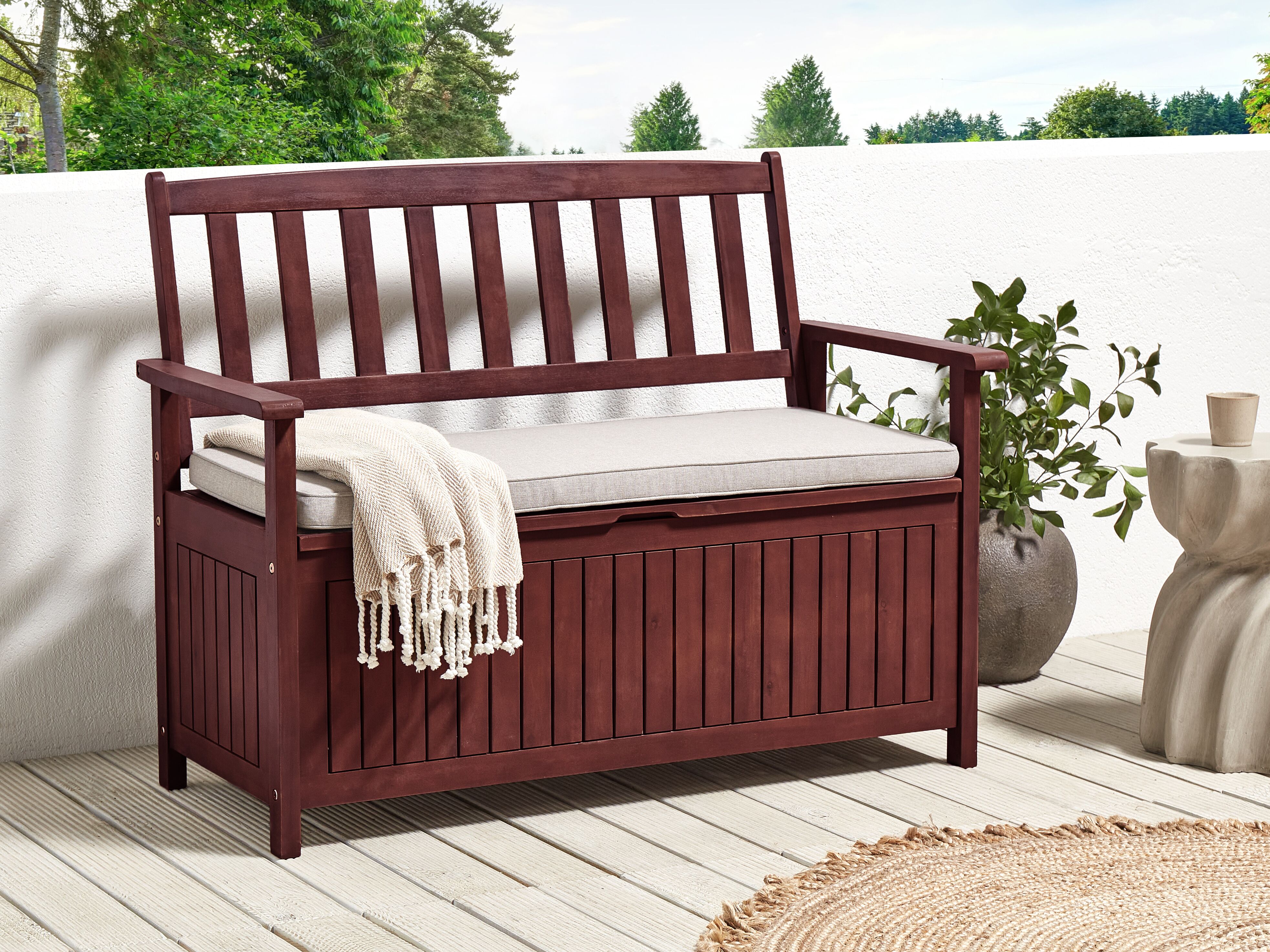 Garden Bench with Cushion SOVANA 120 cm with Storage Acacia Wood Light Grey