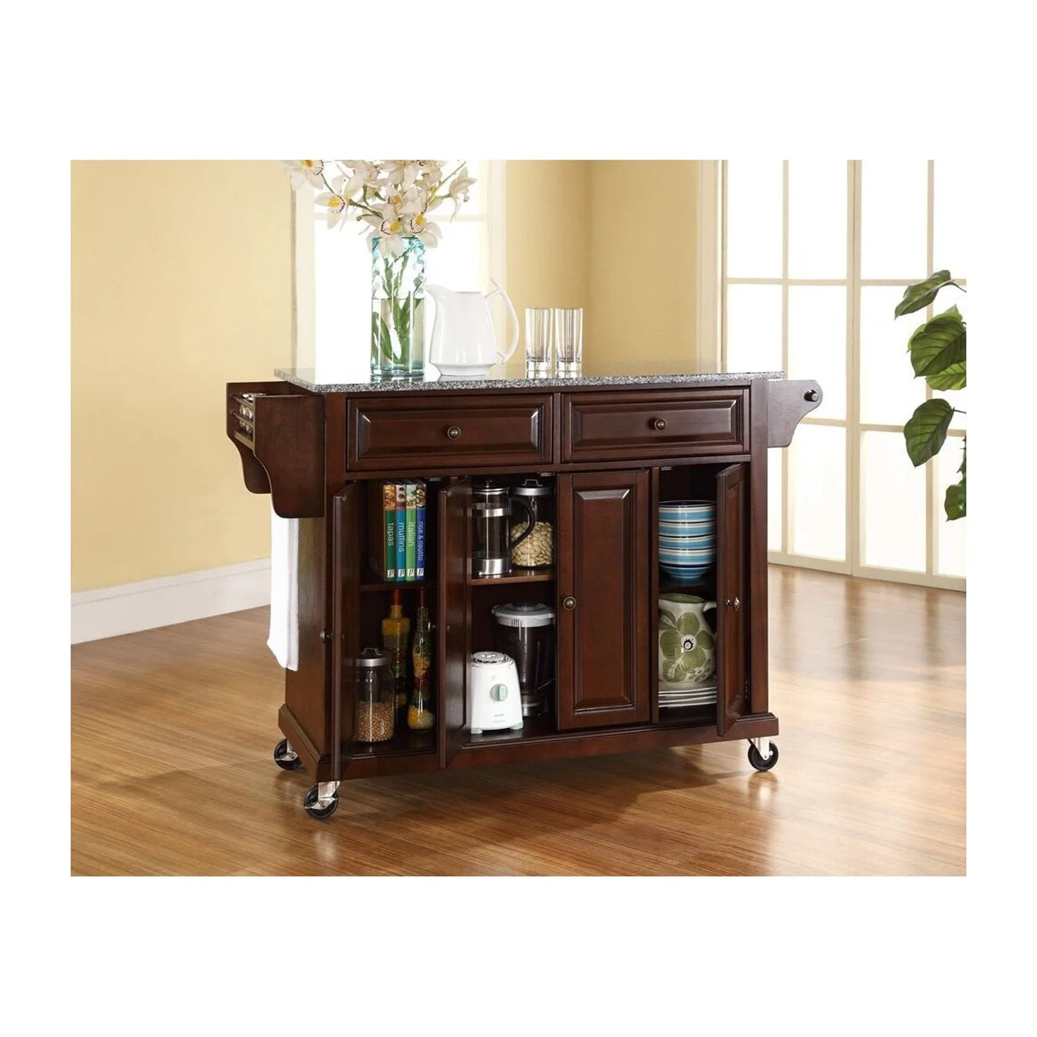HomeStock Urban Upmarket Full Size Kitchen Cart with Stainless Steel Top, Black, Tiered Shelf, 18 x 52 x 36 inches, Modern Mobile Kitchen Cart, Adjustable Shelved Storage Behind Doors-Color:Mahogany,S