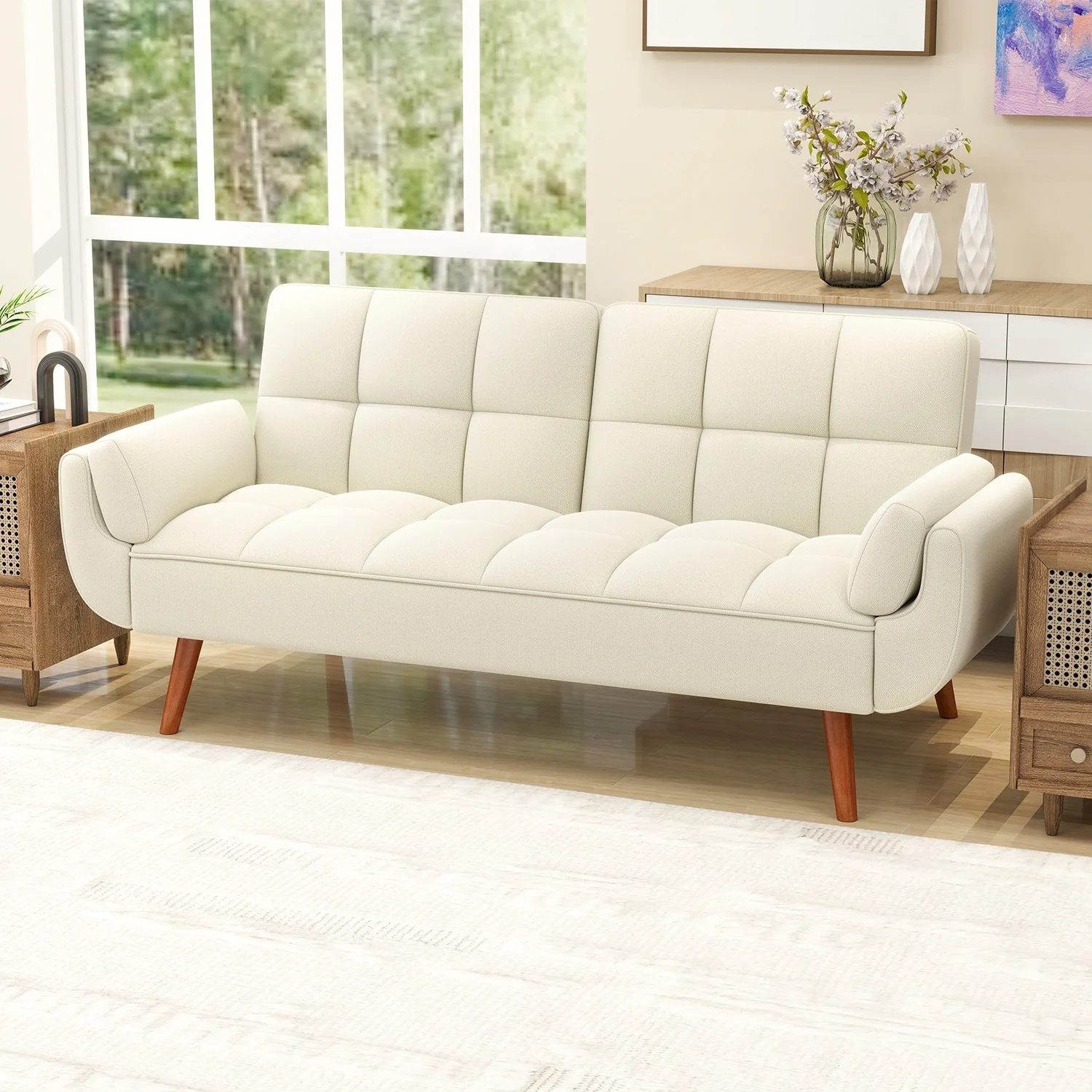 75.39 Inch Futon Sofa Bed-Convertible Couch Loveseat Sleeper for Living Room, Bedroom, Studio, Apartment, Dorm, Home Office Cream