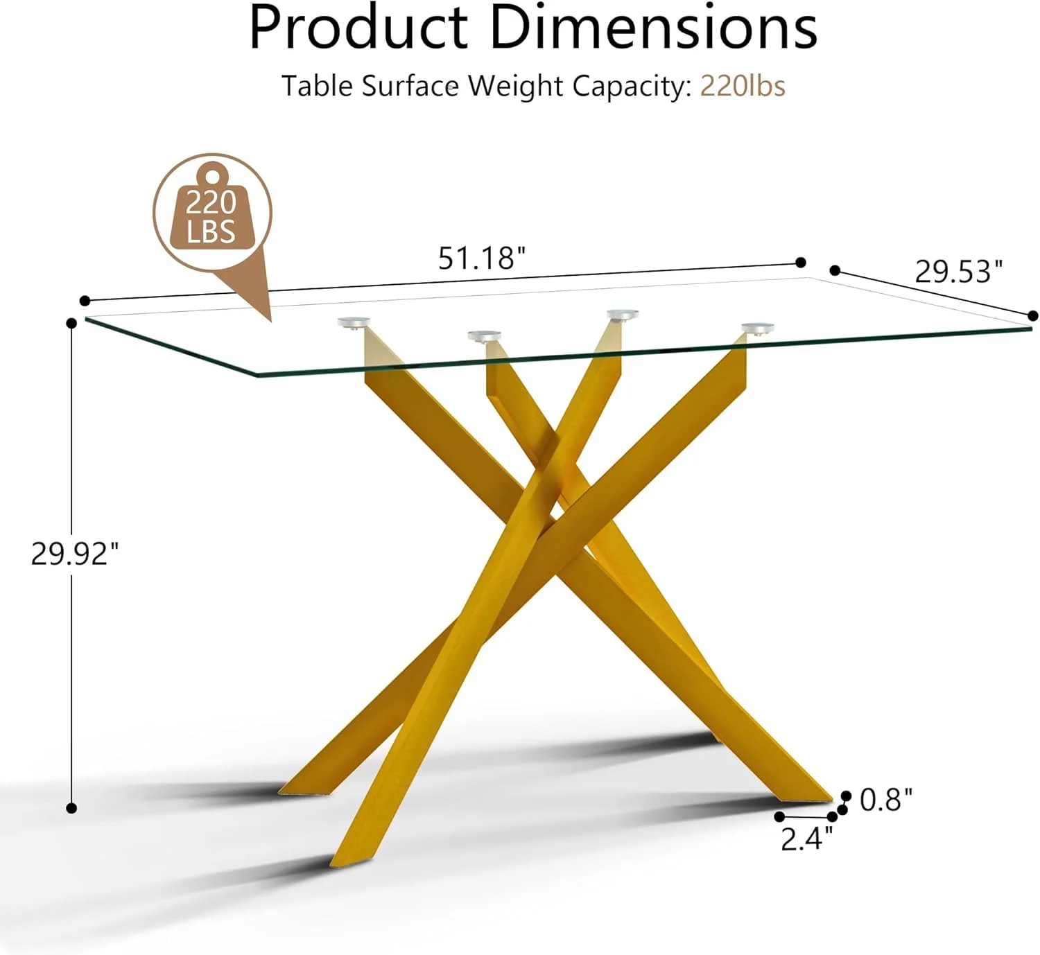 Glass Dining Table for 4 People, 51.2 Inches Rectangular Glass Kitchen Table with Golden Steel Legs, Modern Dining Room Table for Dinner Kitchen Dining Room