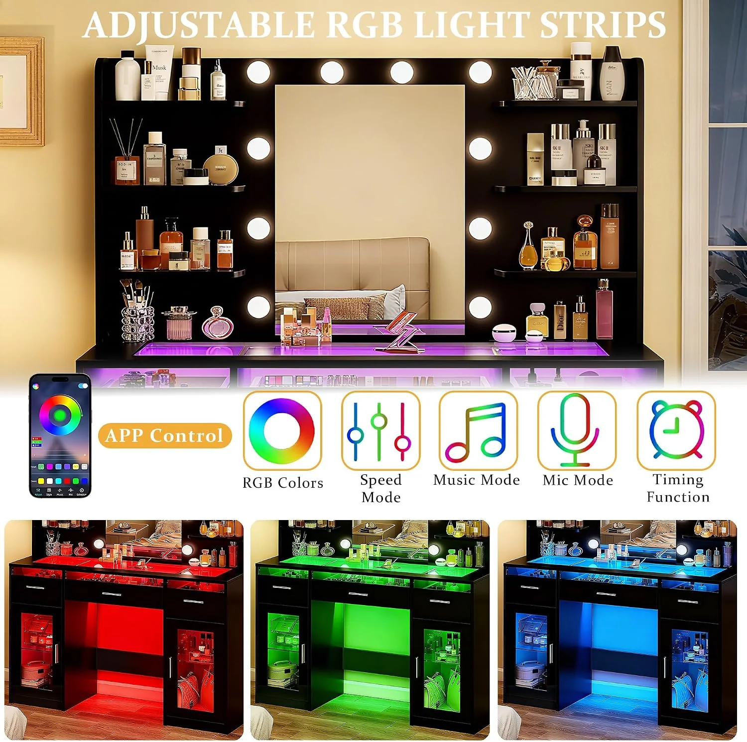 Fixwal Black Luxury Makeup Vanity Table with Tempered Glass Top, LED Mirror & RGB Lighting - Image 4 Fixwal Black Luxury Makeup Vanity Table with Tempered Glass Top, LED Mirror & RGB Lighting - Image 4
