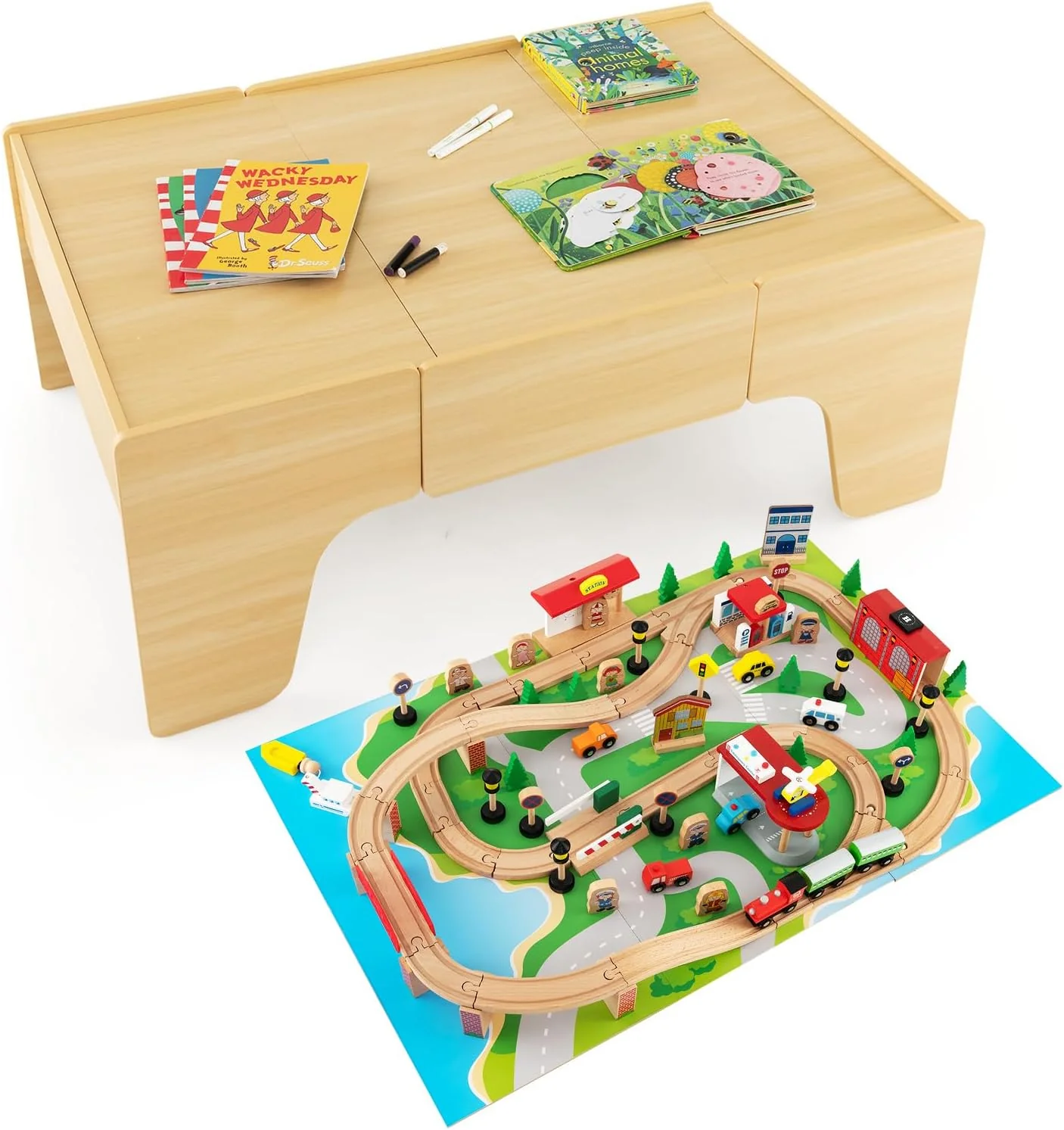 The dual-function wooden children's activity table with storage function, featuring 100 colorful components, tracks, trains, and cars, is a children's train table set suitable for children aged 3 and above. It has a flip-up tabletop and is a gift for - Image 2