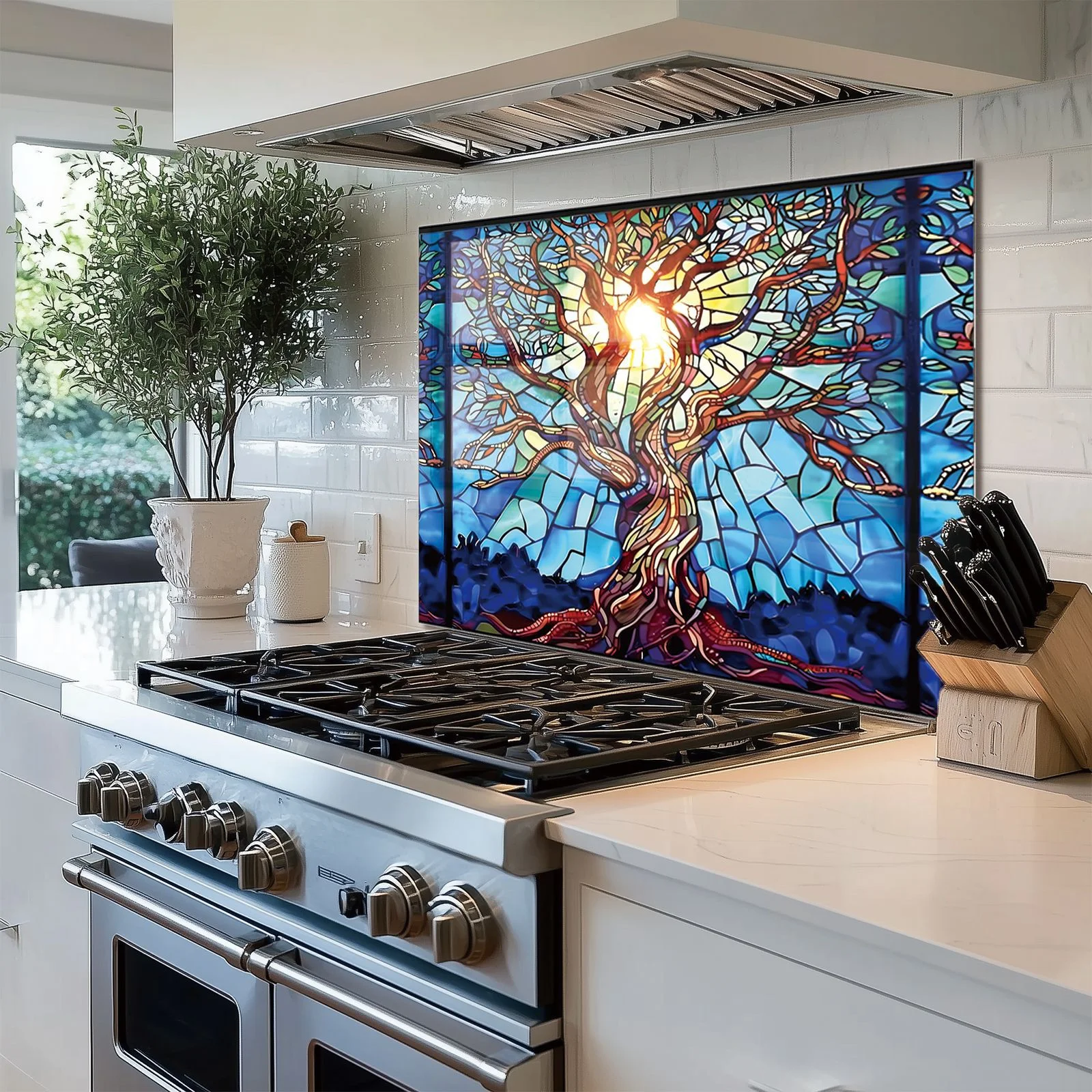 Mosaic Tree of Life Tempered Glass Backsplash For Kitchen Behind Stove,Stove Back Top Cover,Easy to Clean Glass Splashback, Sink Cover Splash Guard,Home Kitchen Wall Decor - Image 4