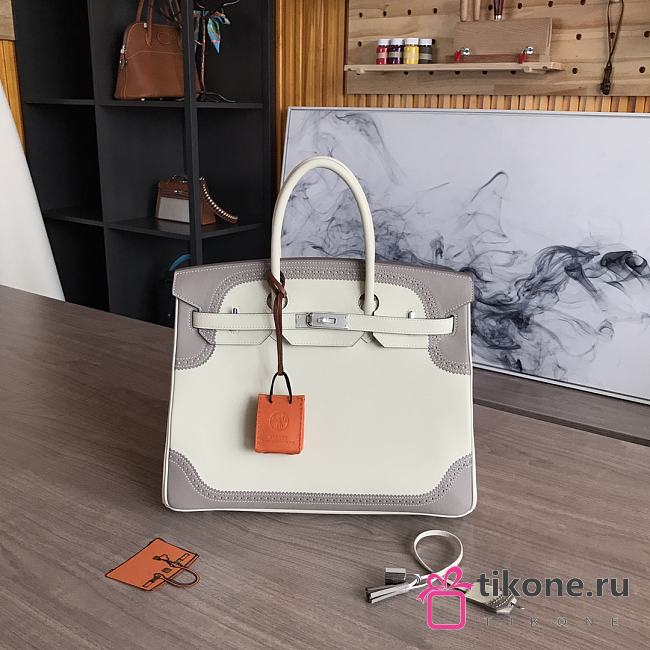 Hermes Grey/ White Birkin Gold Tone Handbag 35cm