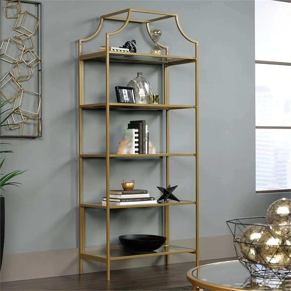Pemberly Row 5-Shelf Modern Metal Bookcase in Gold Satin/Faux Deco Stone - Image 21